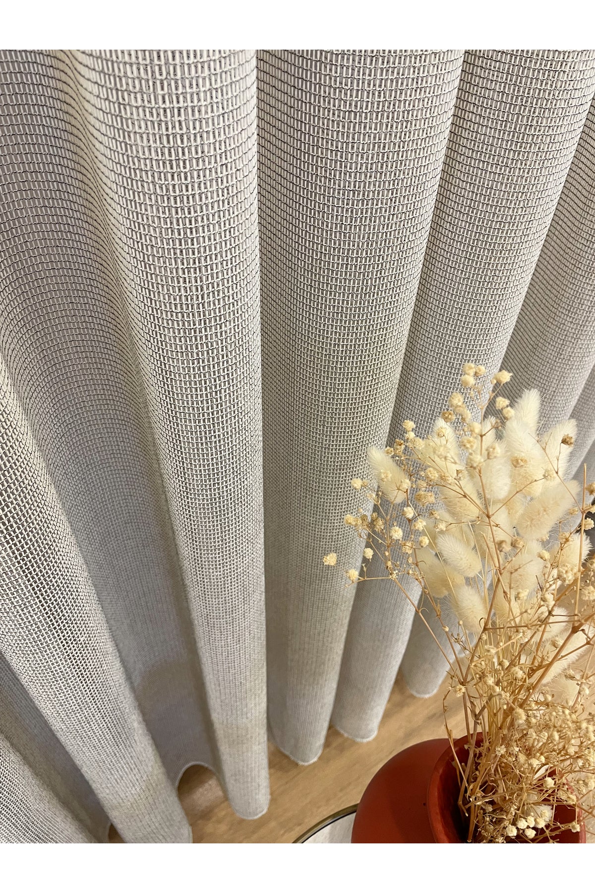 BEIGE-GRAY Modern Textured Knit 1/3 Dense Pleat Sheer Curtain
