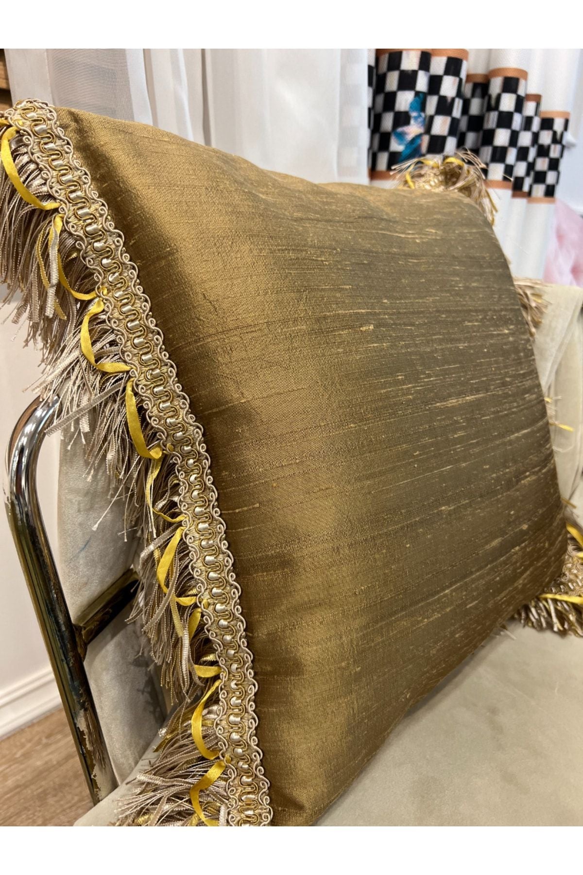 %100 Ithal Ipek (silk) Kırlent Yastık Kılıfı Kordonlu (altın - Kahverengi)
