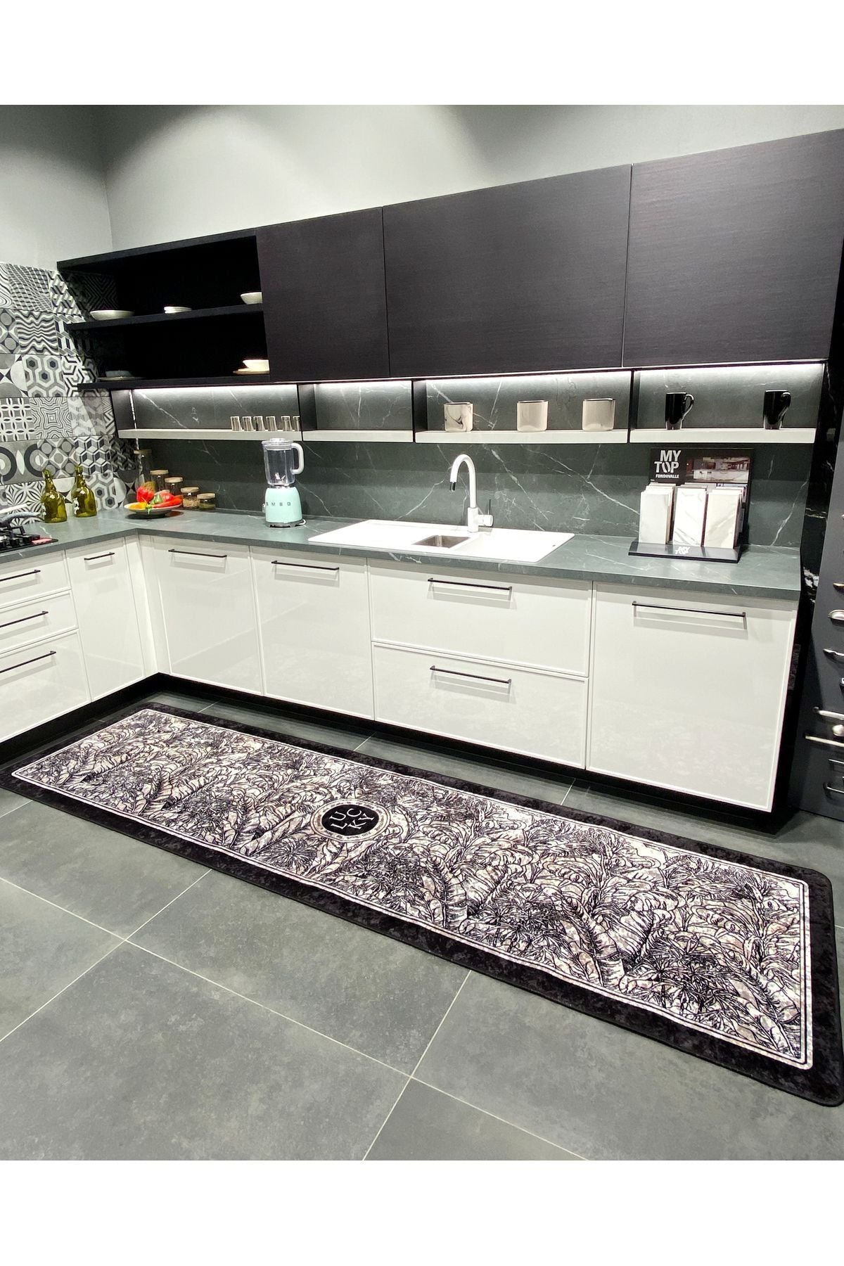 Floral Lucky Pattern Latex Leather-Backed Kitchen Rug BLACK-GRAY