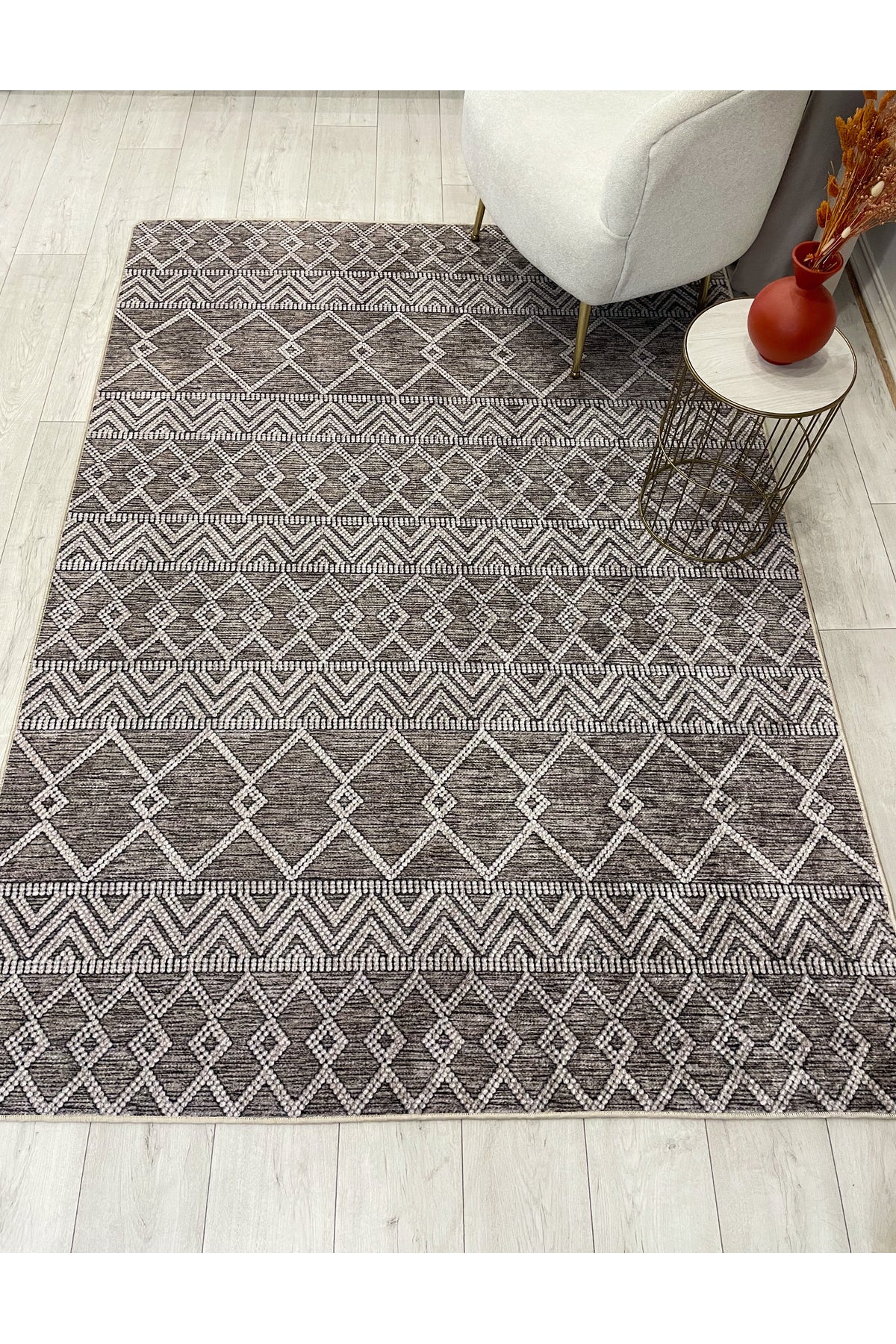 Gray Black Scandinavian Style Kilim Pattern Runner Latex Rug