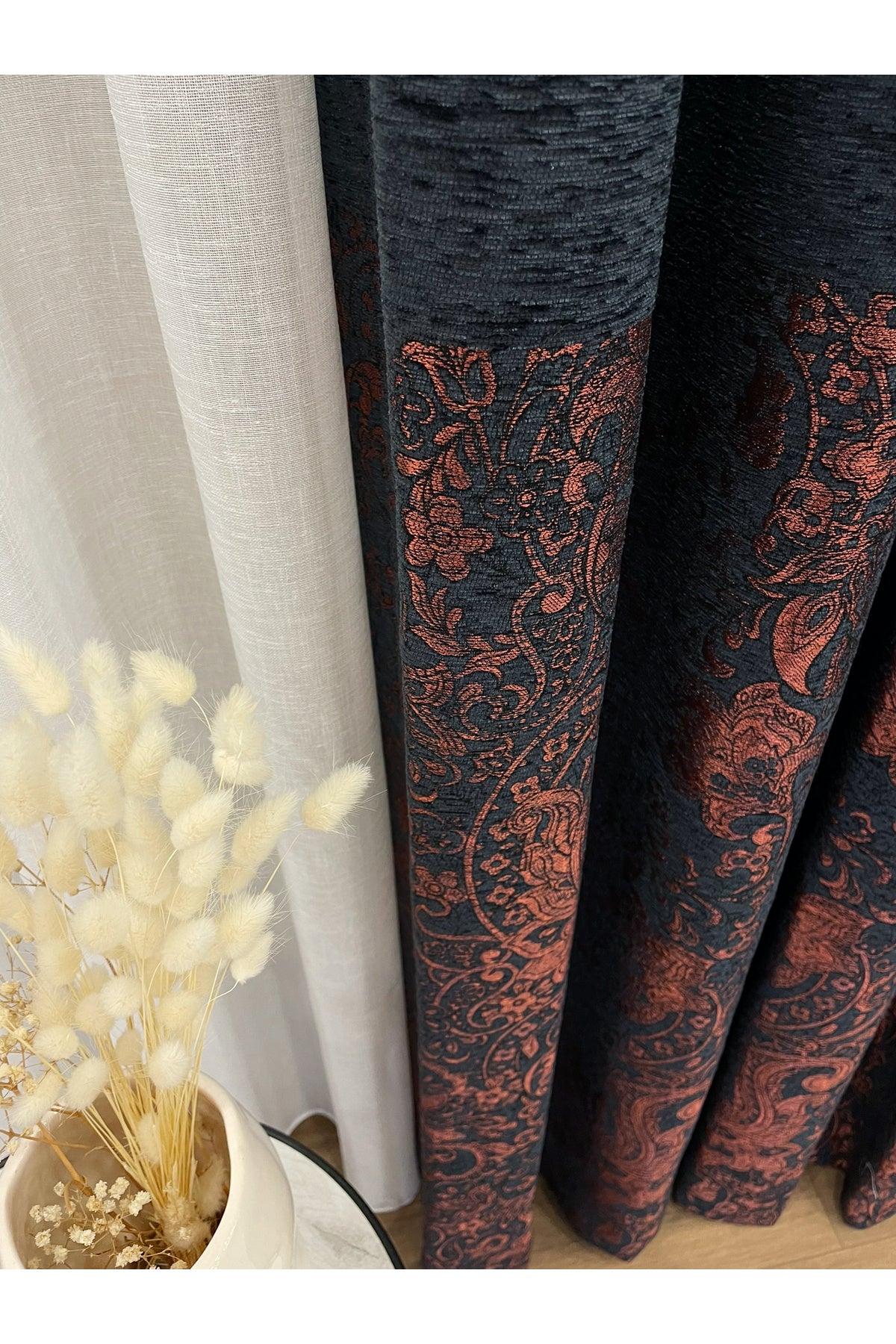 Gray Shawl Pattern 1/3 TIGHT PLEAT Jacquard Woven Blackout Curtain