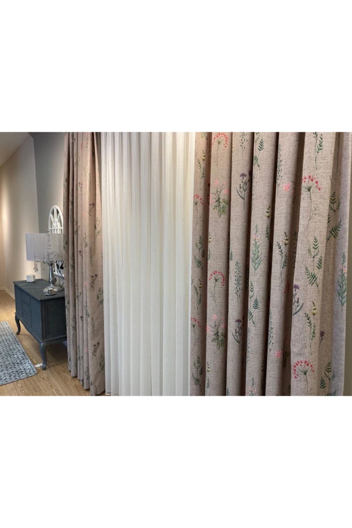 Country Collection 1/3 Dense Pleated Linen-Look Floral Blackout Curtain