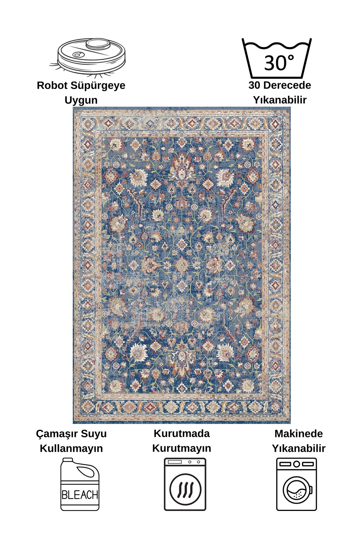 Navy Blue Distressed Look Latex Non-Slip Base Rug