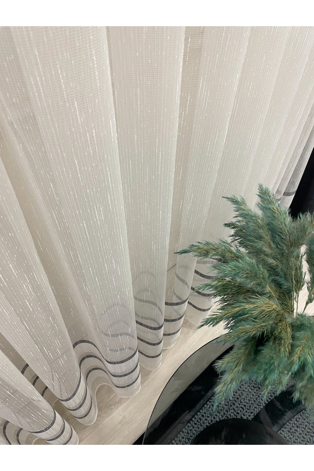 Modern Shantung Banded 1/3 Dense Pleat - Ecru/Gray Sheer Curtain