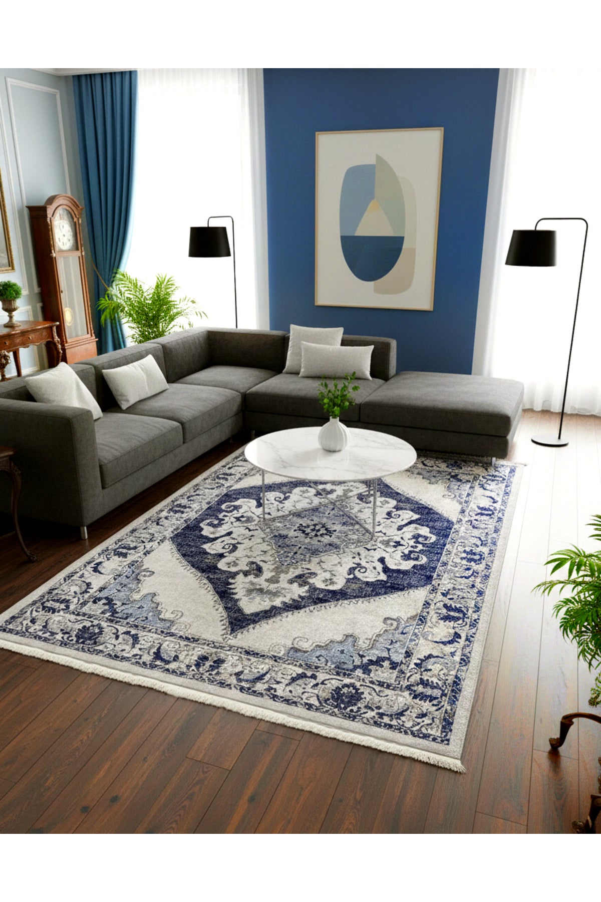 Gokbekli Damask Pattern Latex Base Living Room Rug