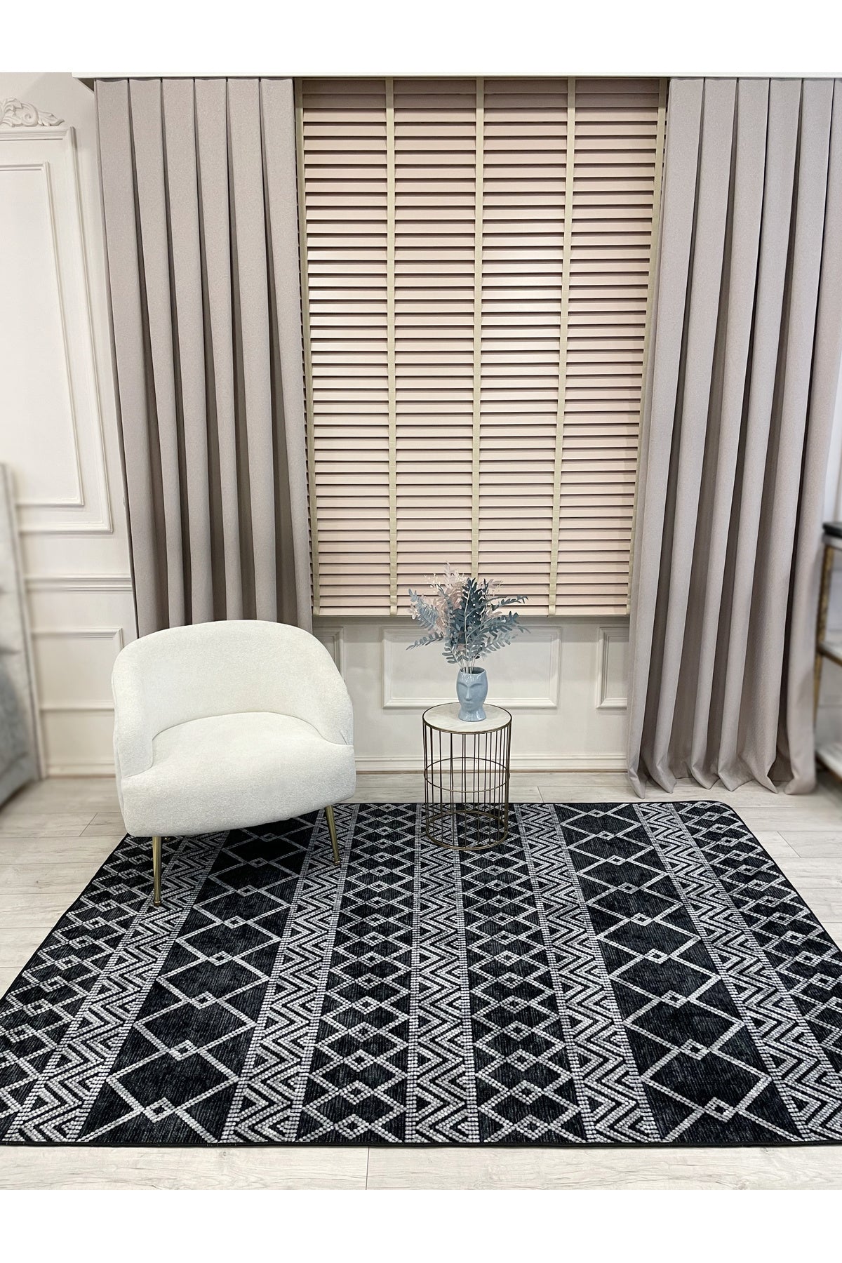 Gray Black Scandinavian Style Kilim Pattern Runner Latex Rug