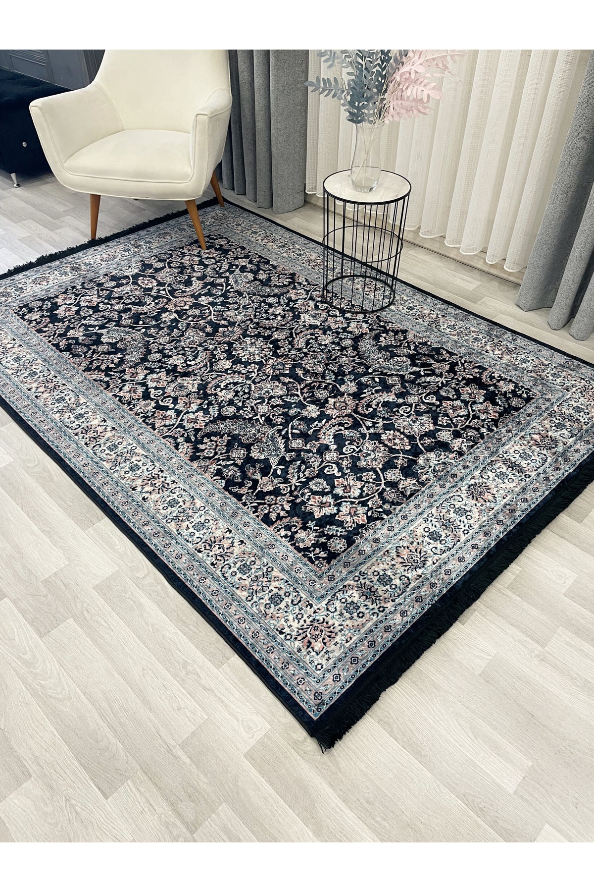 NAVY BLUE Traditional Motif FRINGED Classic Non-Slip Base Rug