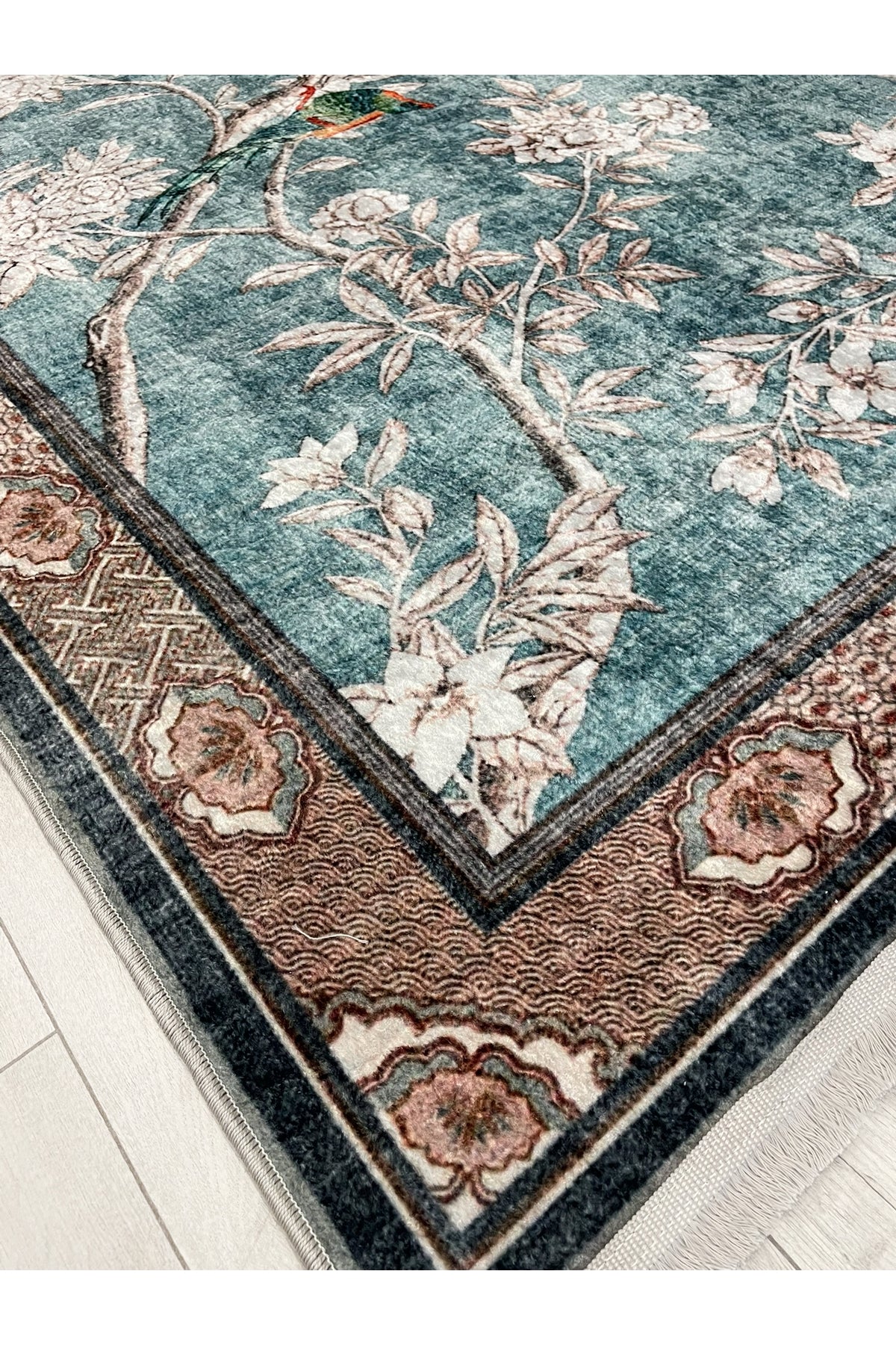 Soft Blue Bird Pattern Bordered Non-Slip Rug