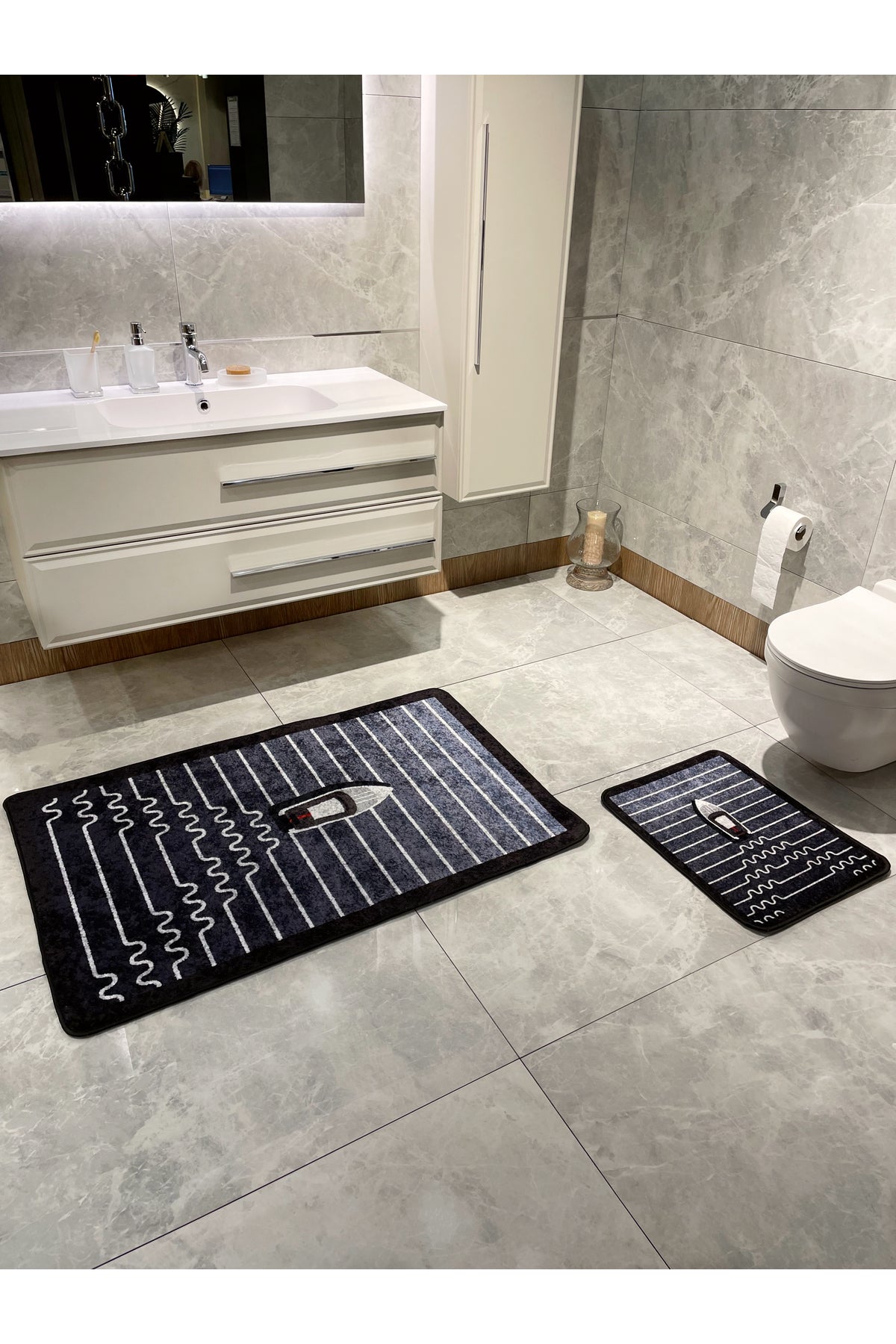 Boat Pattern Striped 2-Piece Leather Base Bathroom Mat Set (70x110 - 70x50)