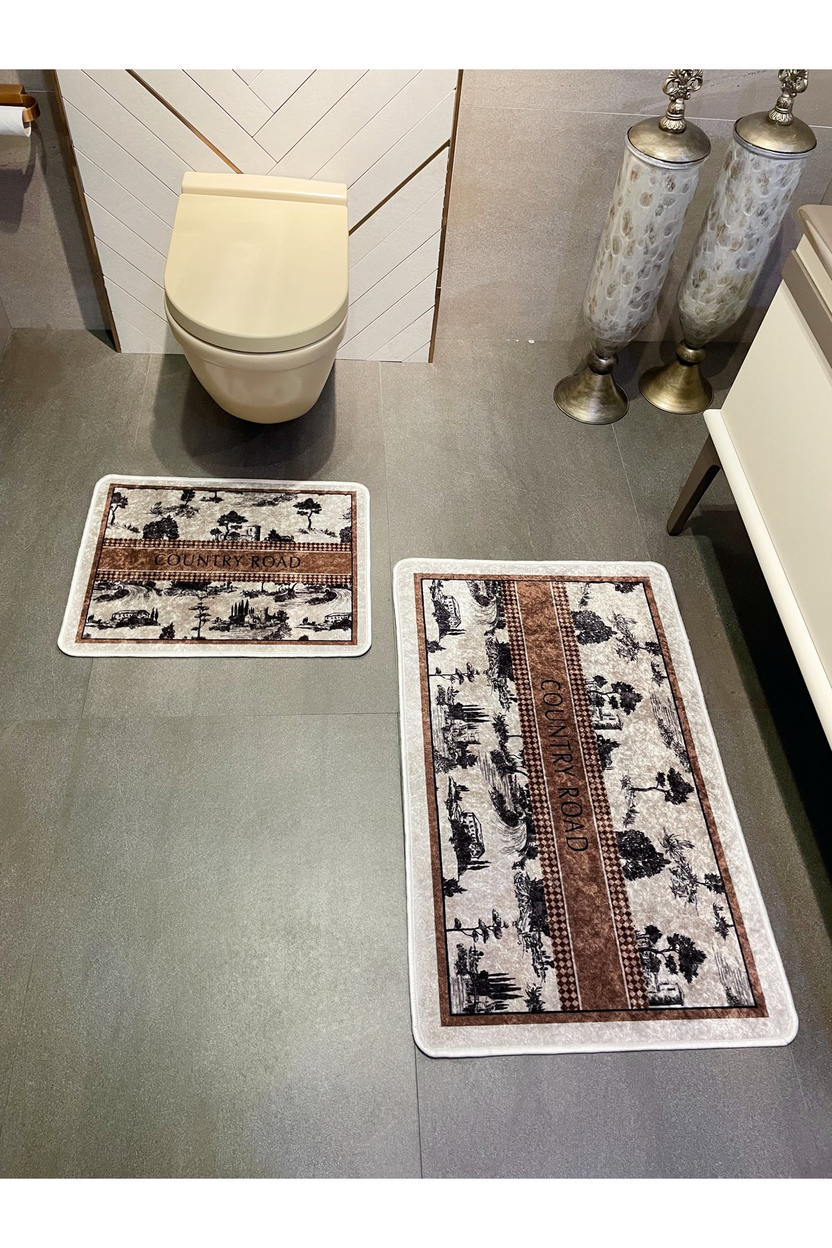2 li Kahverengi 60x100 - 60x50 Country Desenli Lateks Taban Banyo Paspas