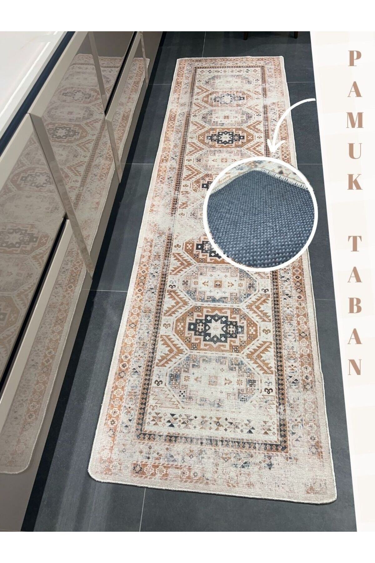Eskitme Desenli Mutfak Halısı , Dokuma Taban Halı Kahverengi