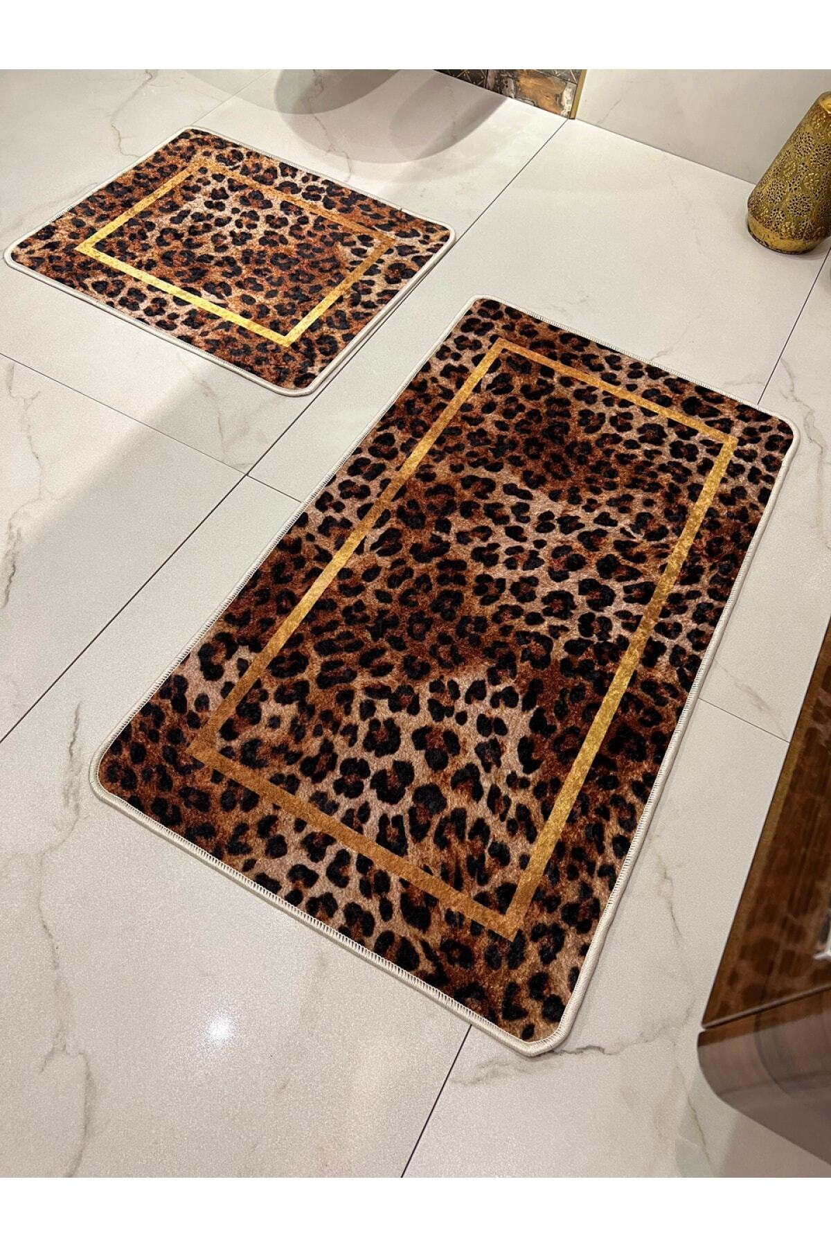 Leopard Pattern 2-Piece Non-Slip Base Bath Mat Set (60x100 - 60x50)