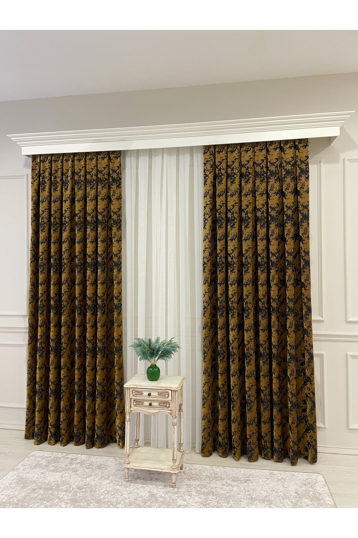 Brown-Navy Blue Chenille Pattern Jacquard 1/3 Dense Pleated Jacquard Blackout Curtain