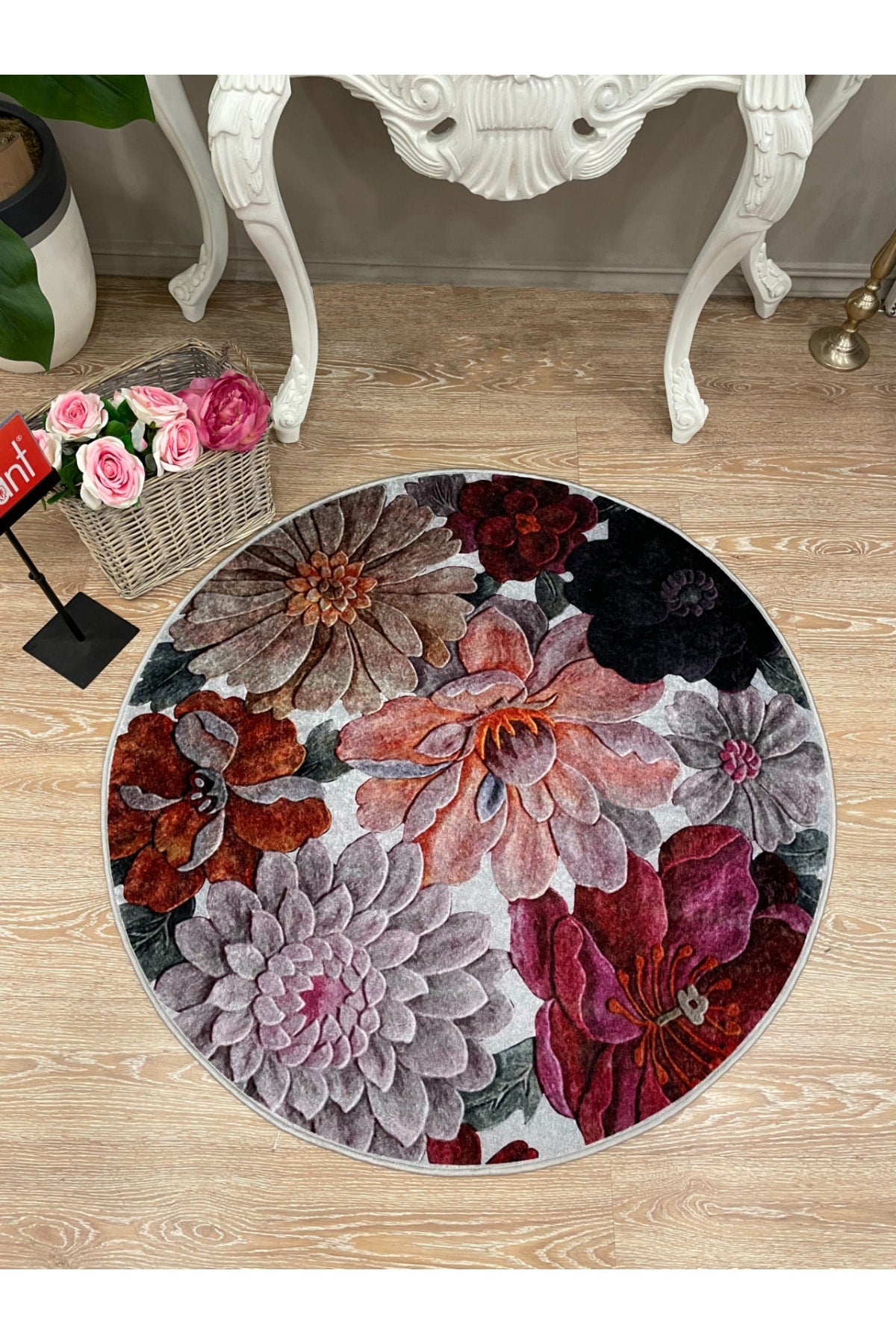 Floral Pattern Washable Decorative Round Rug - Gray