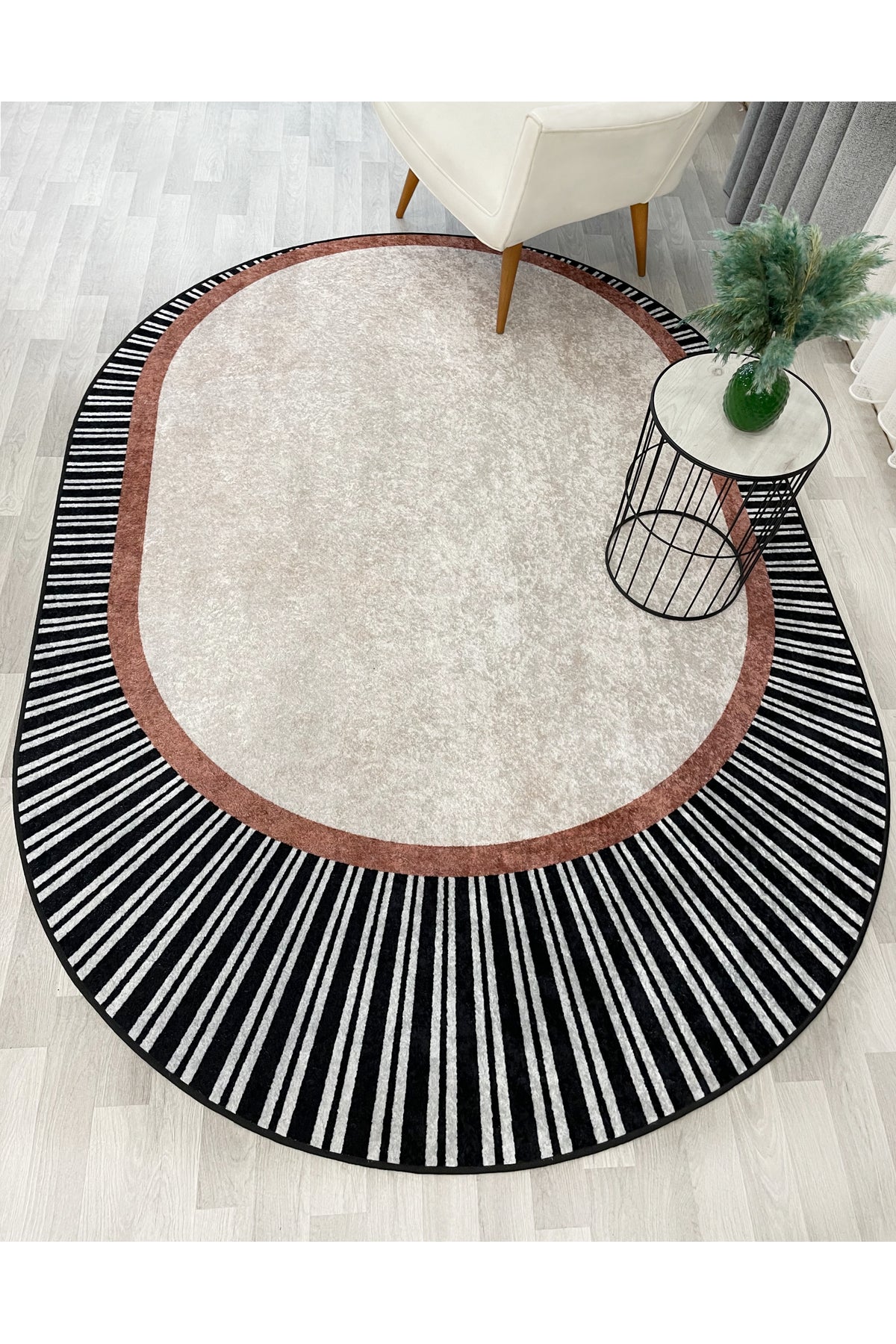 GREEN Striped Oval Non-Slip Base Rug