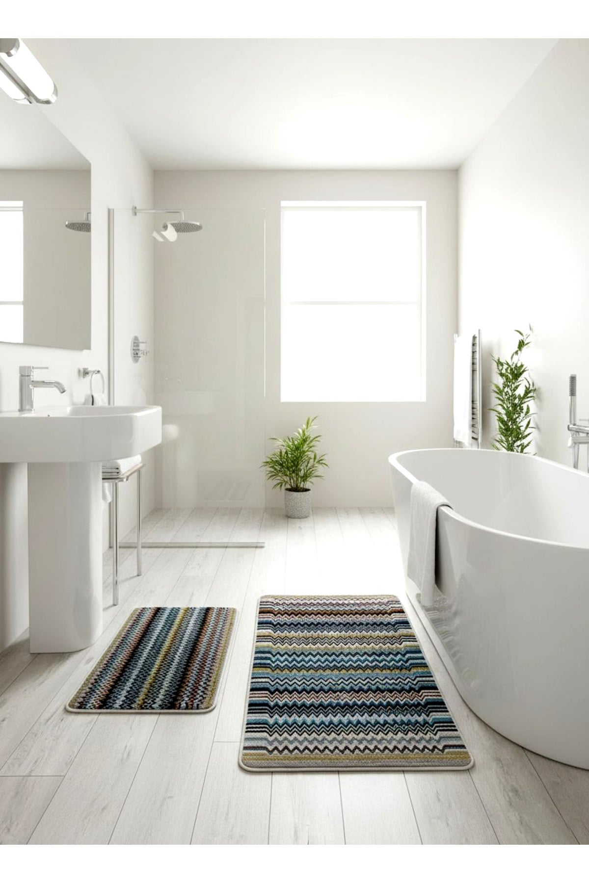 Zigzag Patterned 2-Piece Leather Base Bathroom Mat Set (60x100 - 60x50)