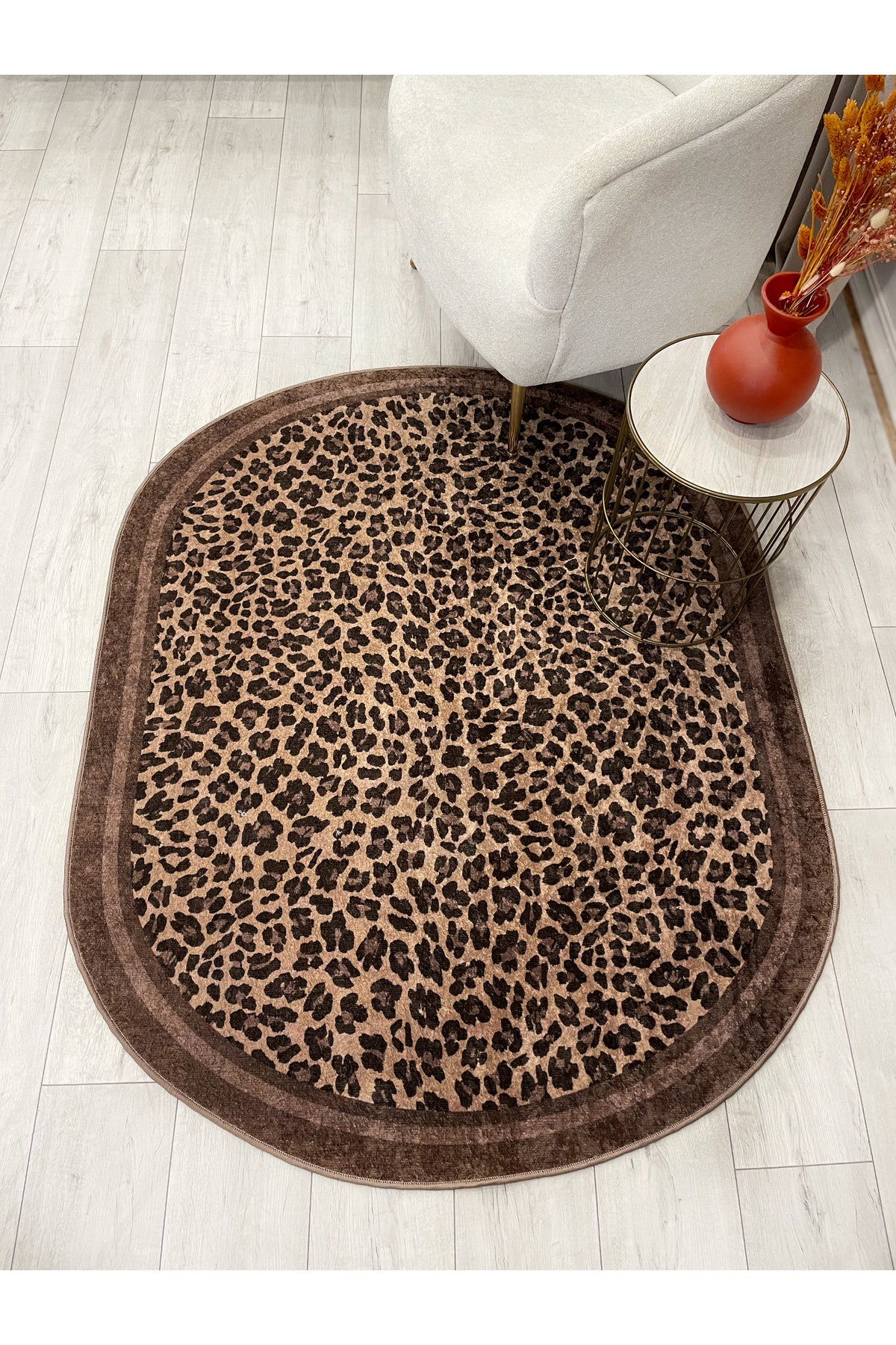 Leopard Pattern Oval Latex Leather Rug