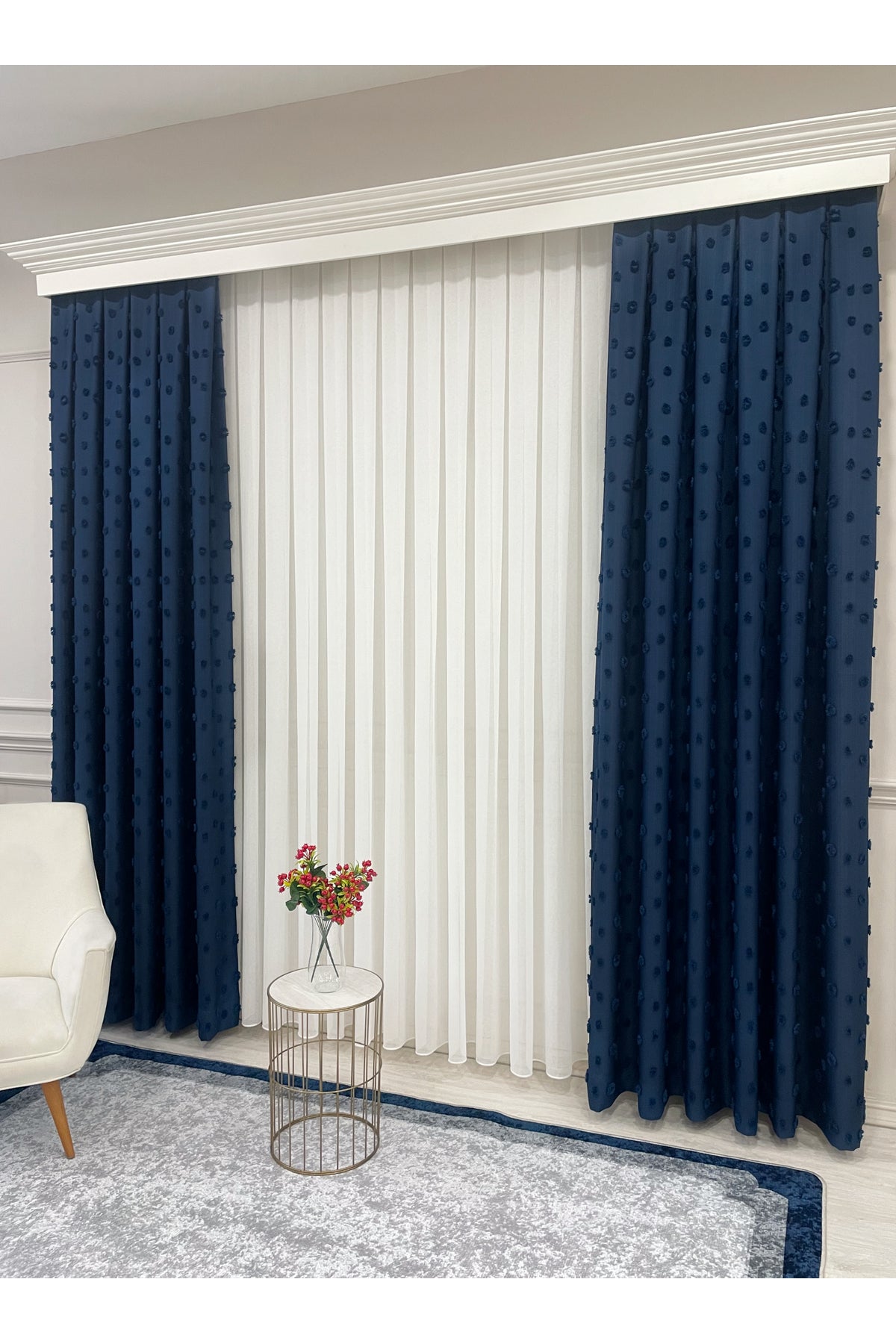 Blue Children's Room Pompom Puffy Blackout Curtain 1/3 Dense Pleating