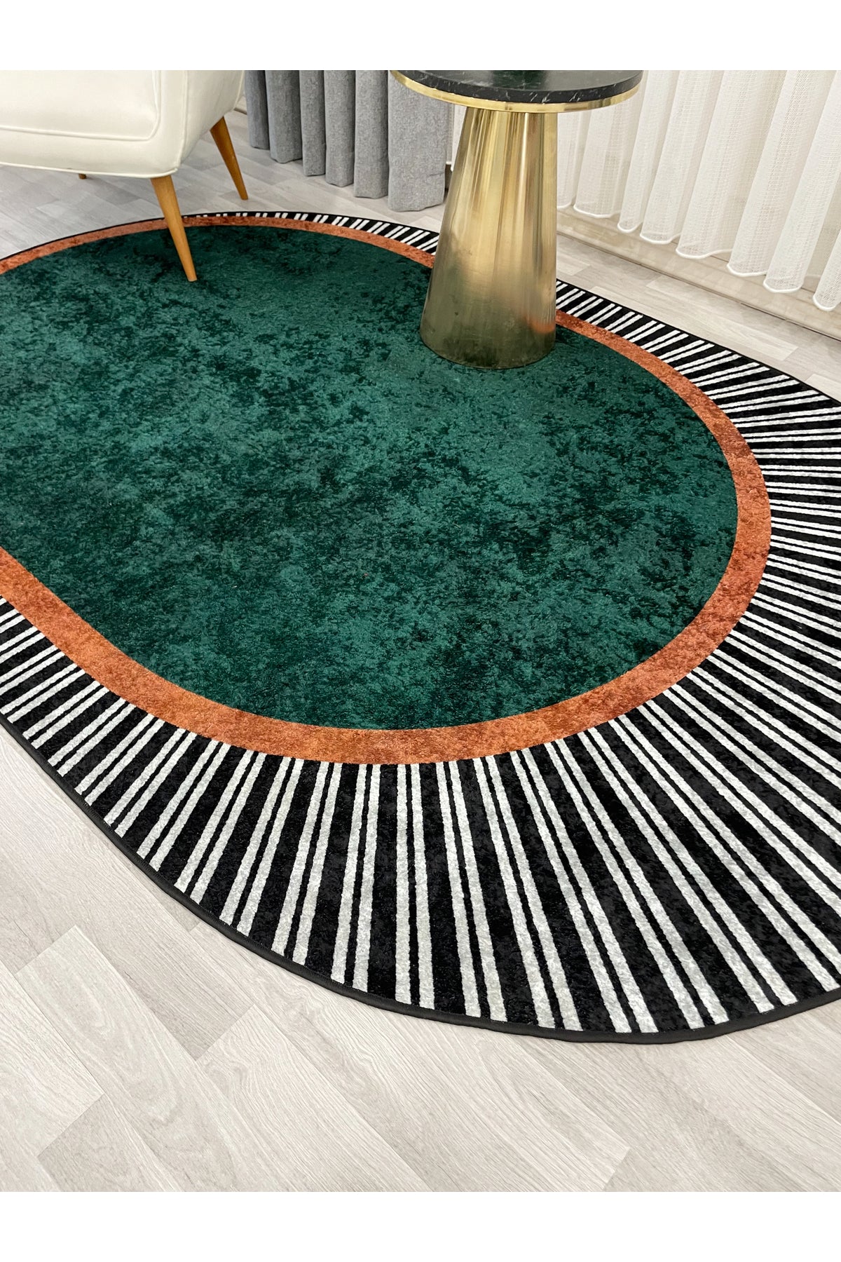 GREEN Striped Oval Non-Slip Base Rug