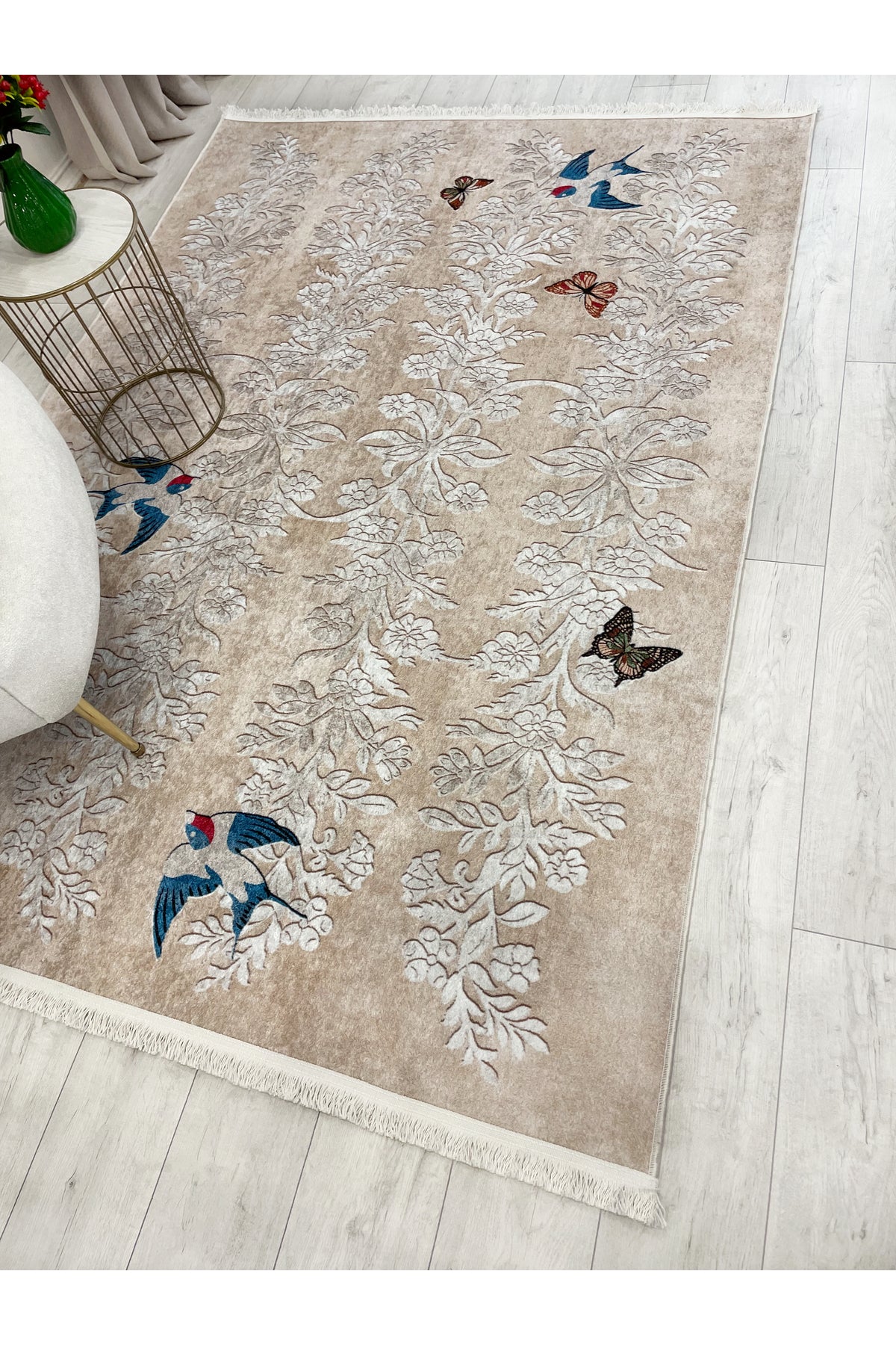 BEIGE - Embroidery-Look Bird Motif Latex Base Runner Rug