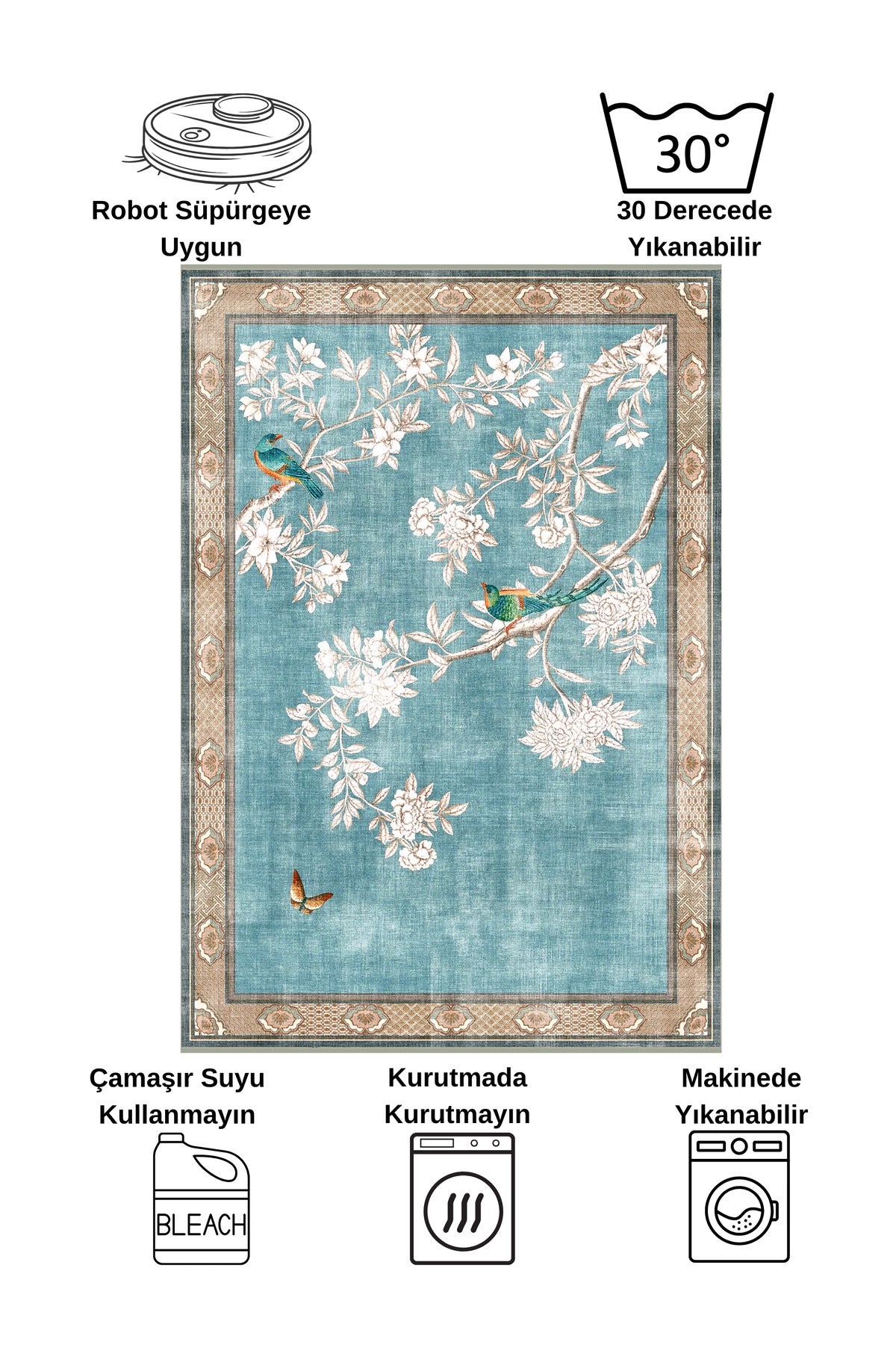 Soft Blue Bird Pattern Bordered Non-Slip Rug