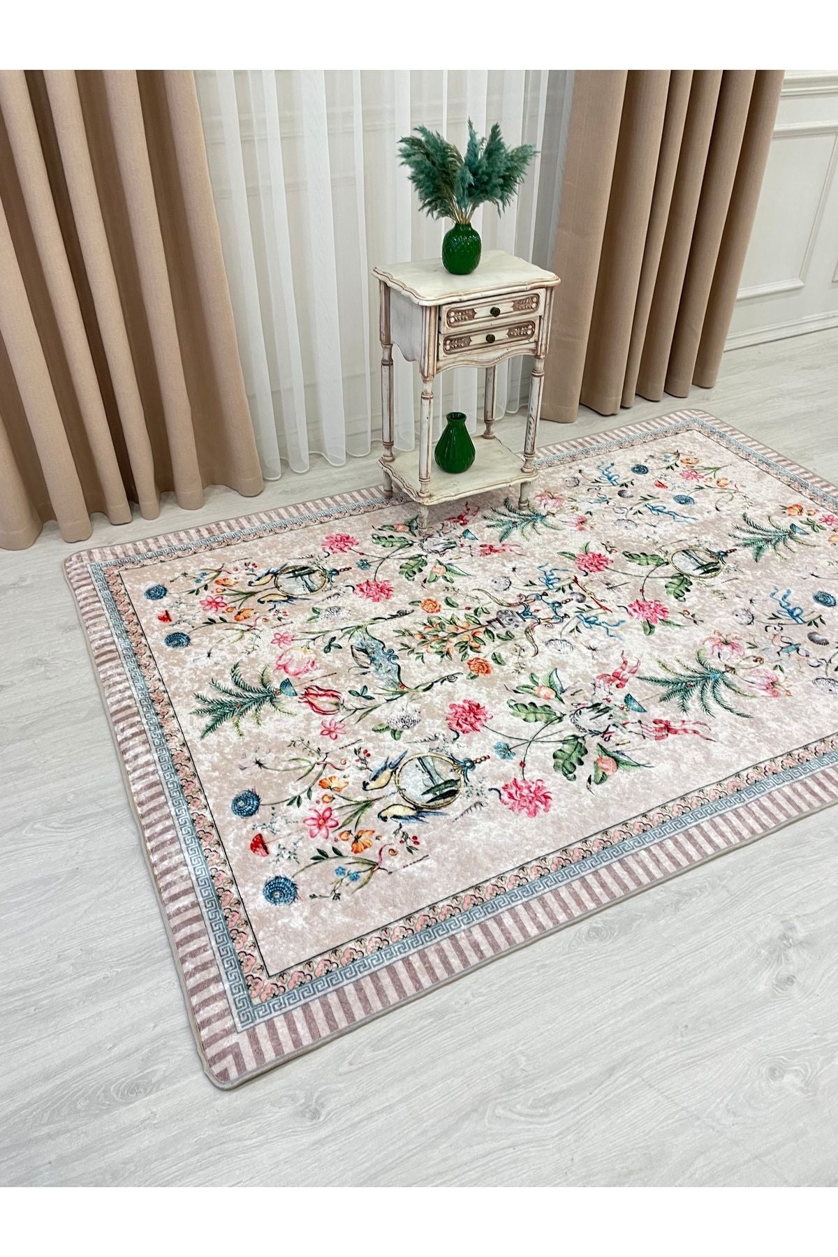 Beige Floral Bird Patterned Latex Leather Base Rug