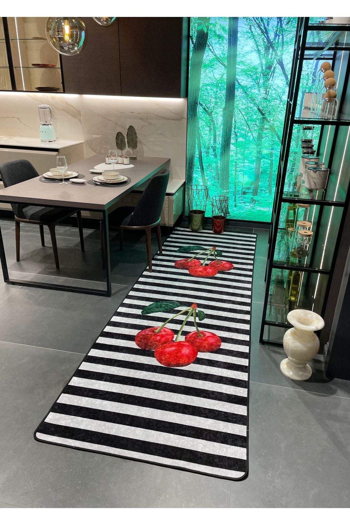 Cherry Striped Latex Leather-Backed Kitchen Rug - GRAY-BLACK