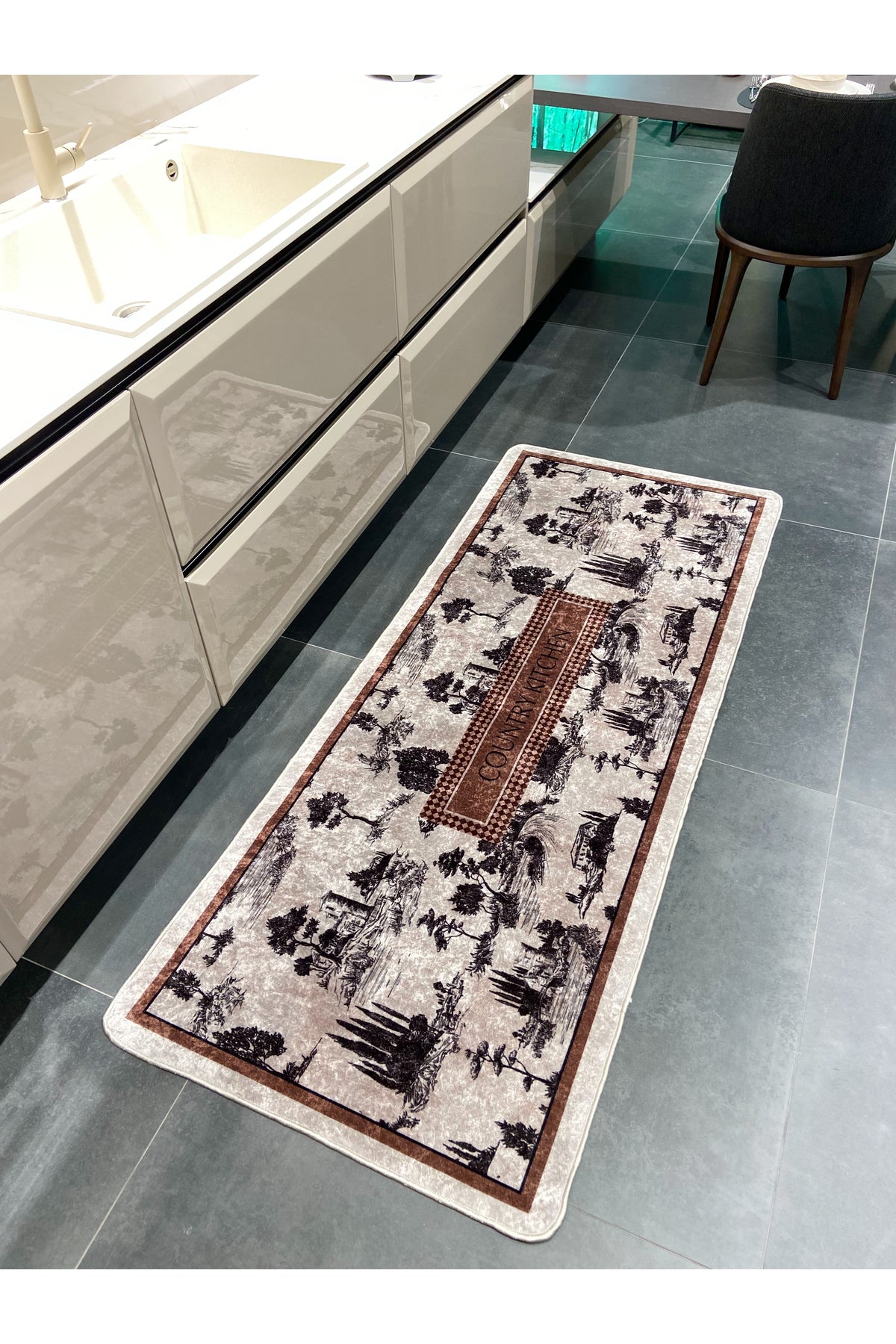 Country Patterned Latex Leather Base Kitchen Rug - Brown