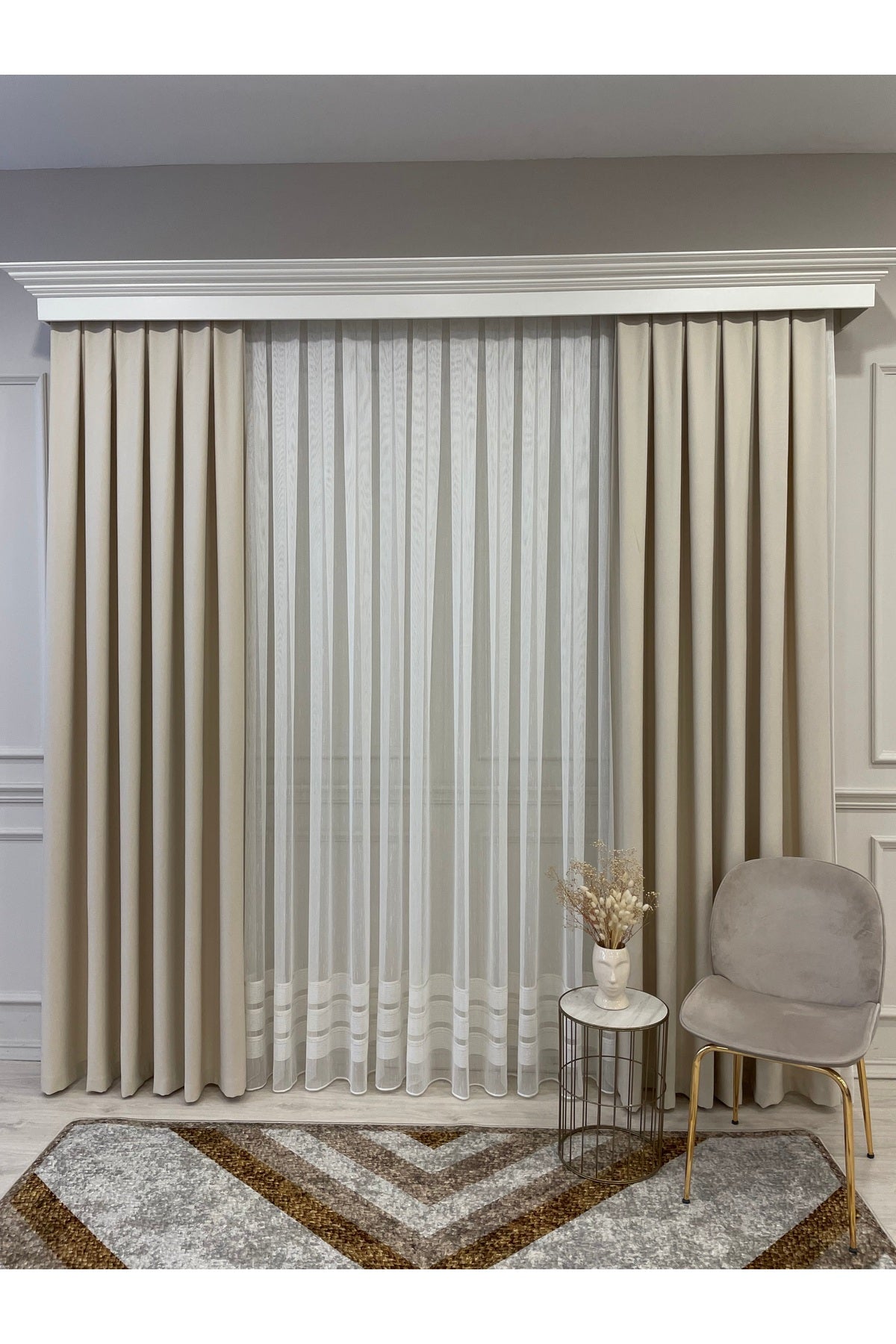 Modern Shantung Banded 1/3 Dense Pleat - Ecru/Gray Sheer Curtain