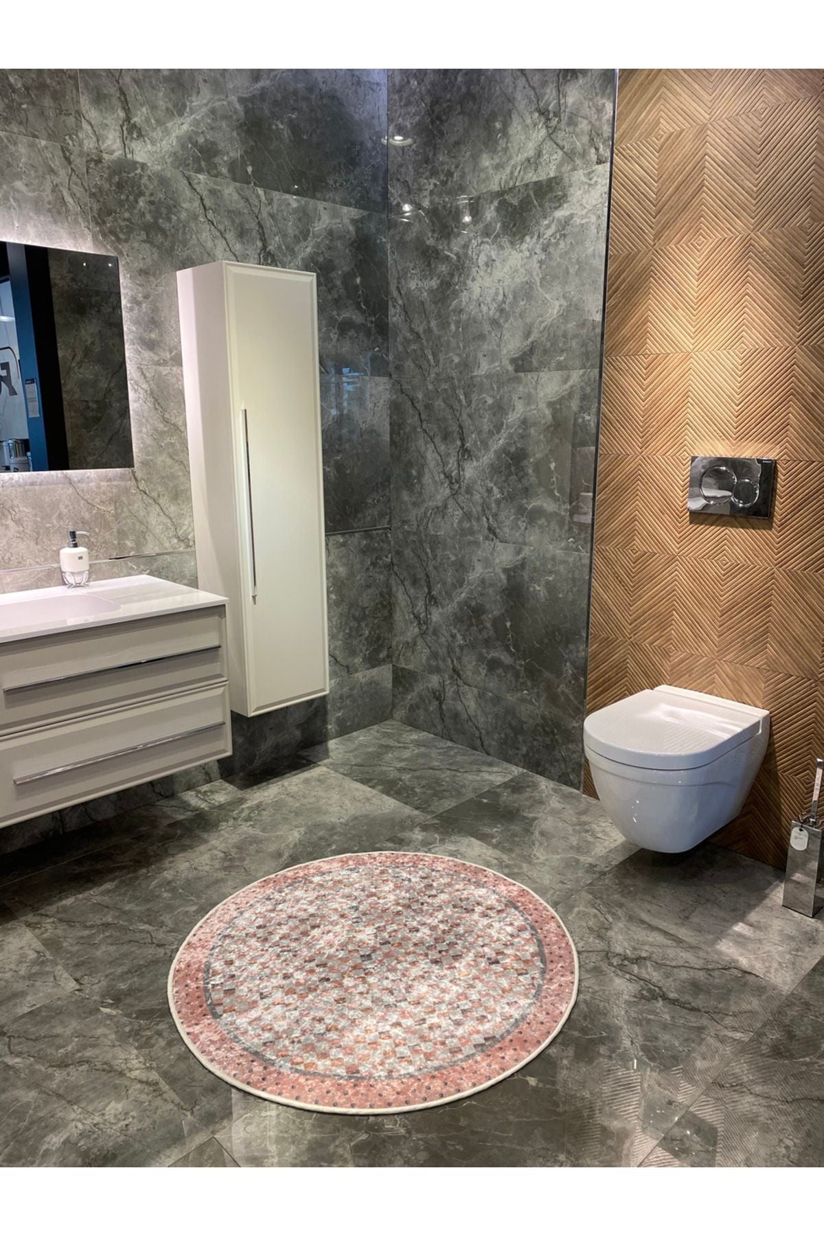 Robert Blue Diamond Pattern Fringeless Round Bathroom Mat - Blue Size 100x100