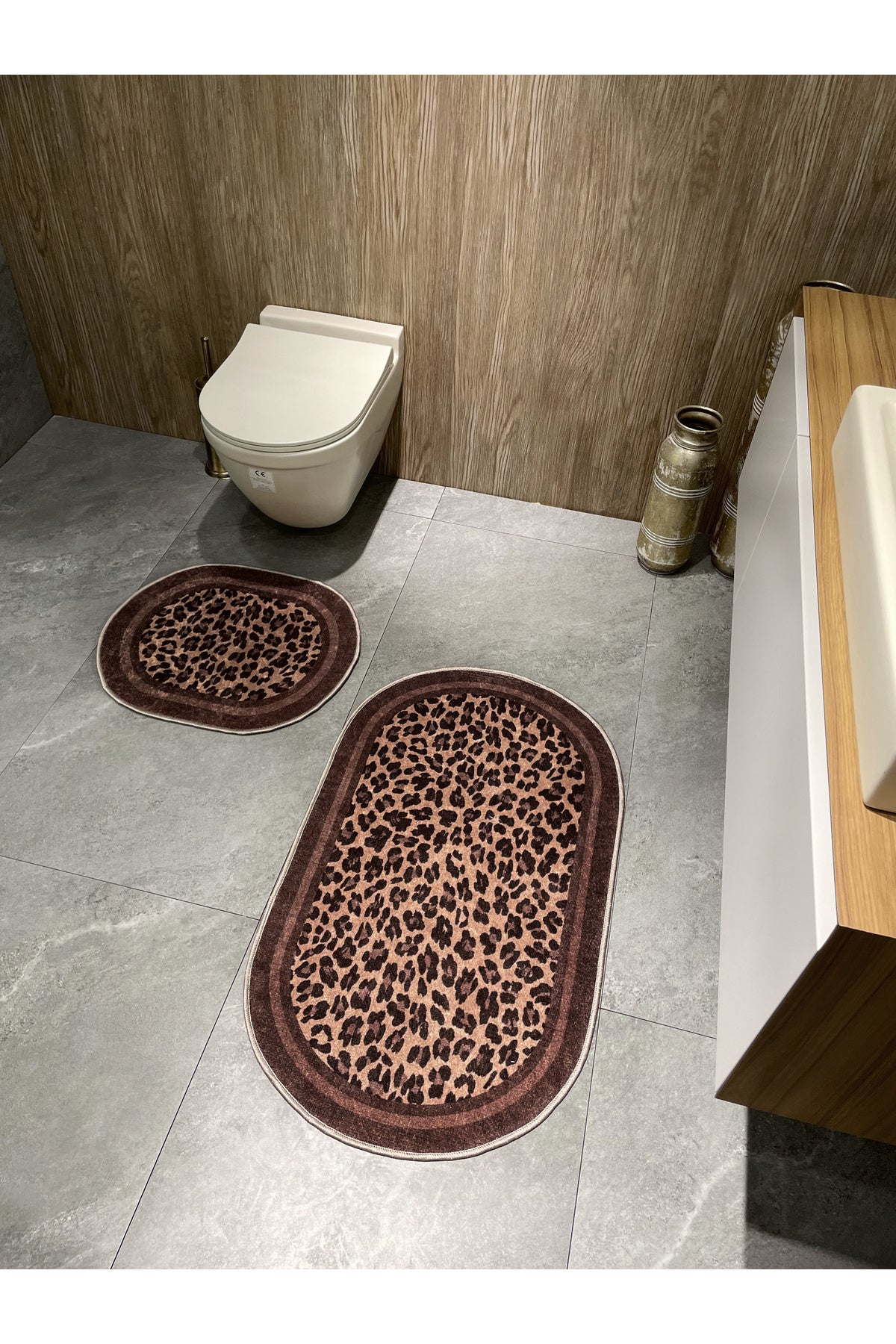 Lepoar Patterned 2-Piece Leather Base Oval Bathroom Mat (60x100 - 60x50)