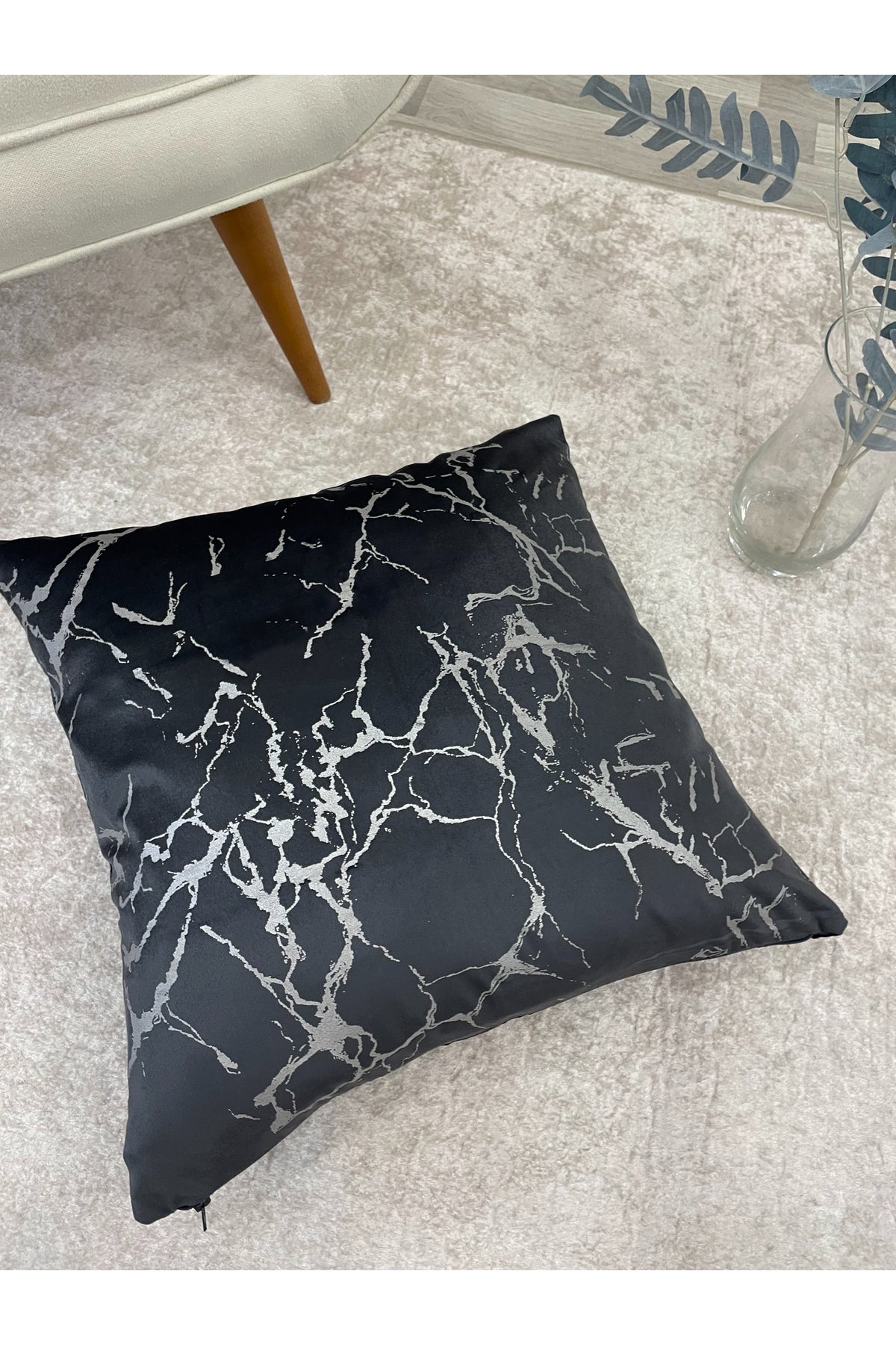 Set of 2 Velvet Throw Pillow Covers Ecru-Silver Foil (45X45)