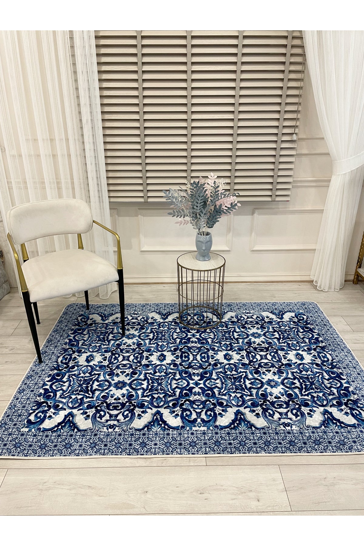 Navy Blue-Gray Blue Blanc Modern Latex Non-Slip Base Rug