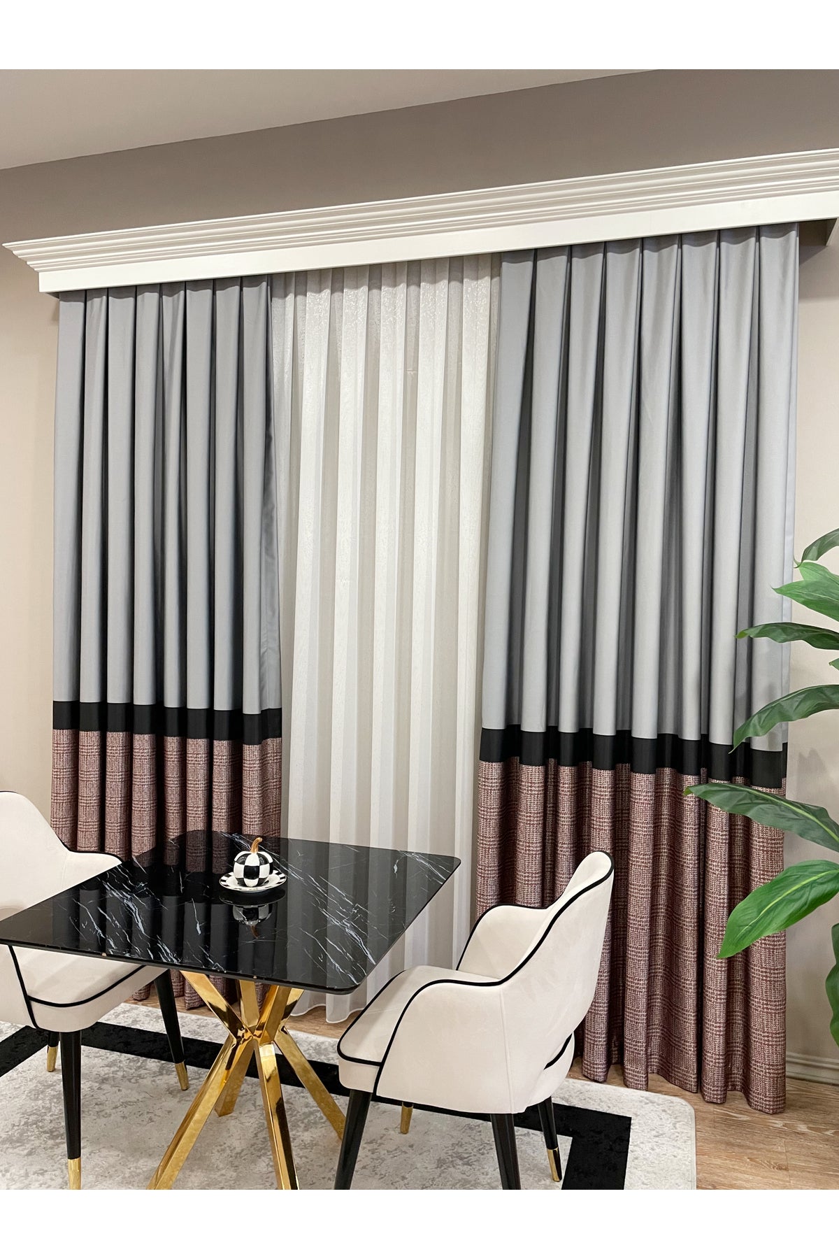 Panel Pattern Jacquard 1/3 Dense Pleat Blackout Curtain - Bottom: Mustard-Navy / Top: Gray