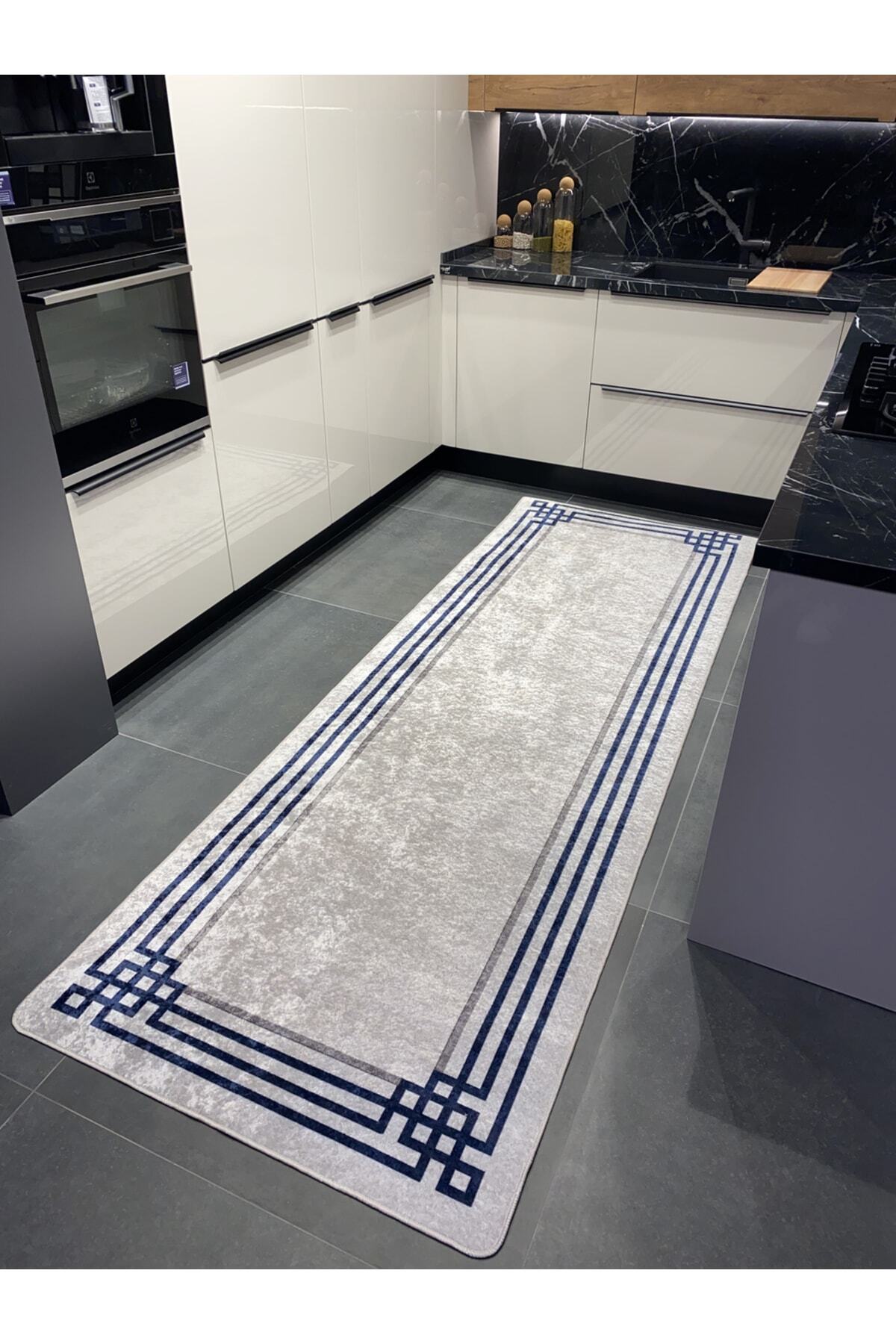 Geometric Gradient Chenille-Look Latex Non-Slip Base Stain-Resistant Fringeless Rug - Navy/Gray