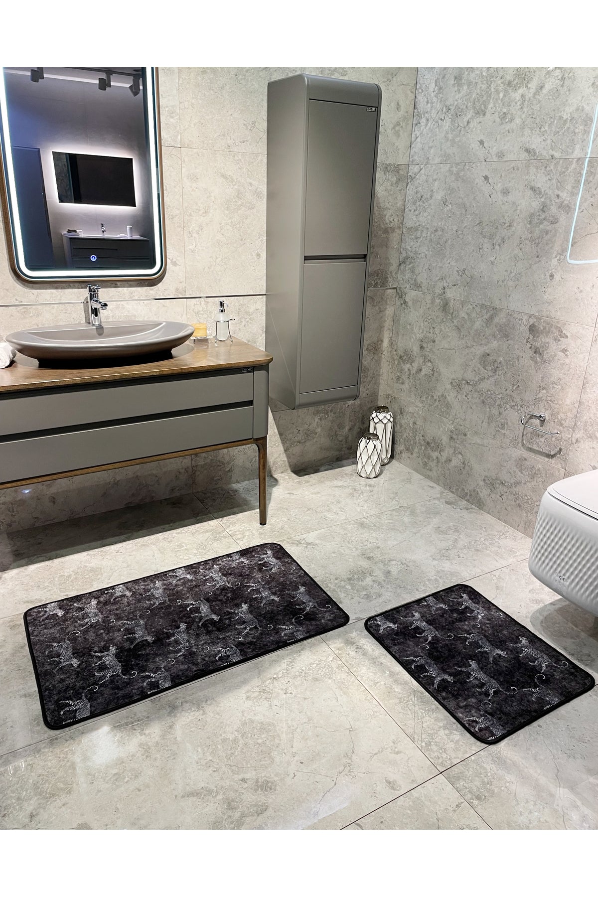 Set of 2 Latex Leather-Backed Bathroom Rug Set (60X100 - 60X50) Dark Gray