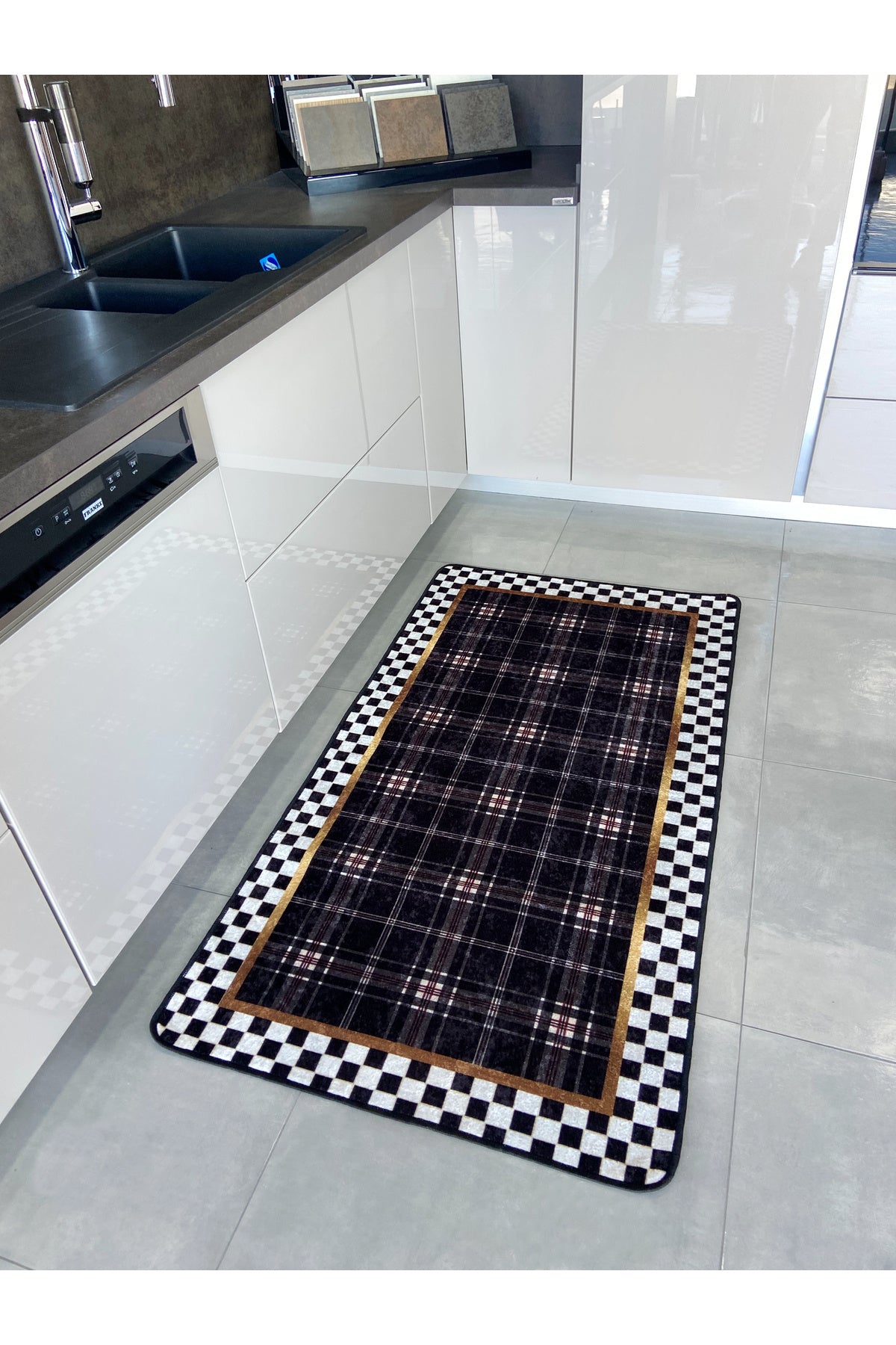 Checkered Plaid Patterned Latex Base Kitchen Rug