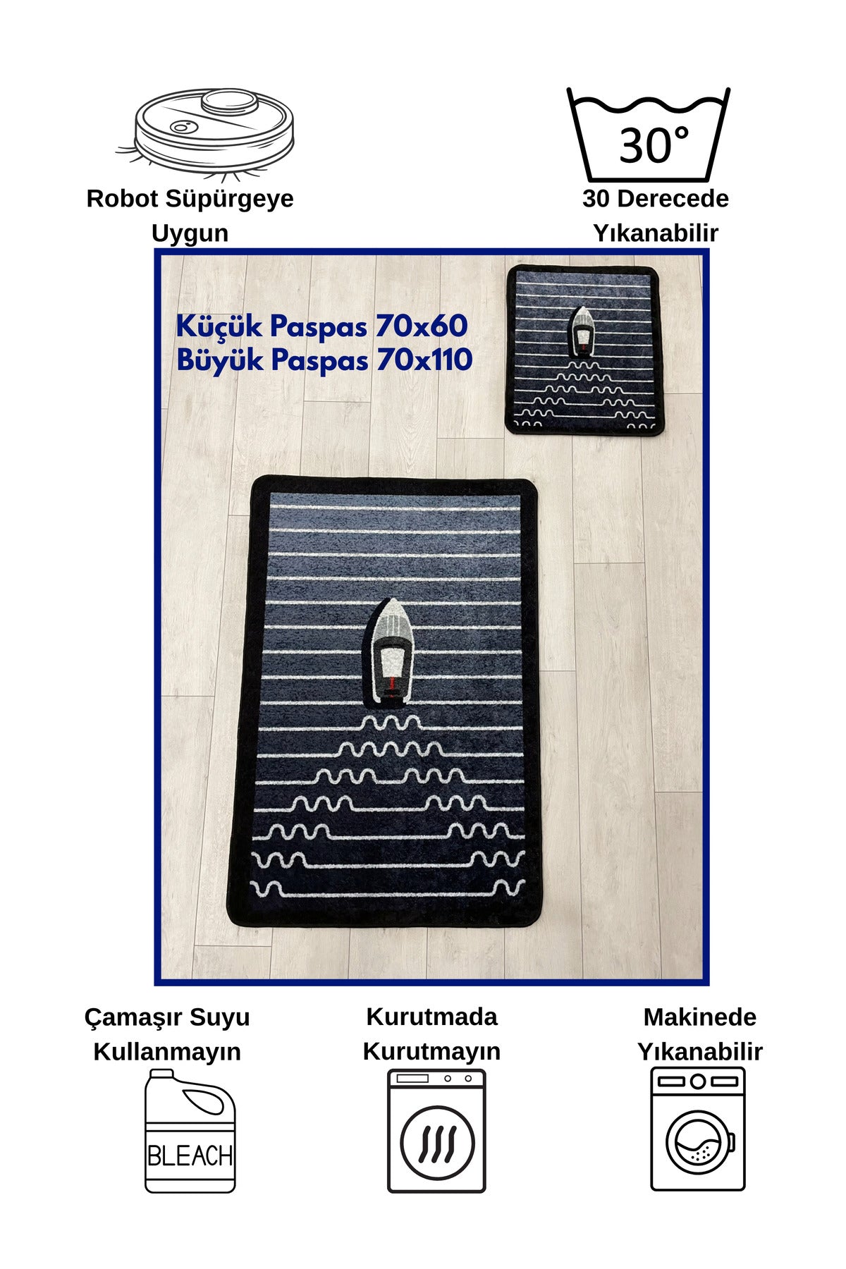 Boat Pattern Striped 2-Piece Leather Base Bathroom Mat Set (70x110 - 70x50)