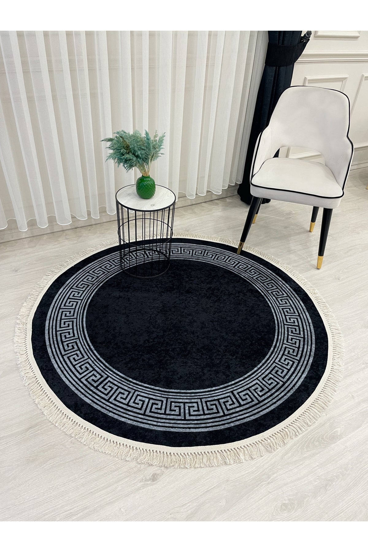 Brown Mink Bordered Latex Base Fringed Rug