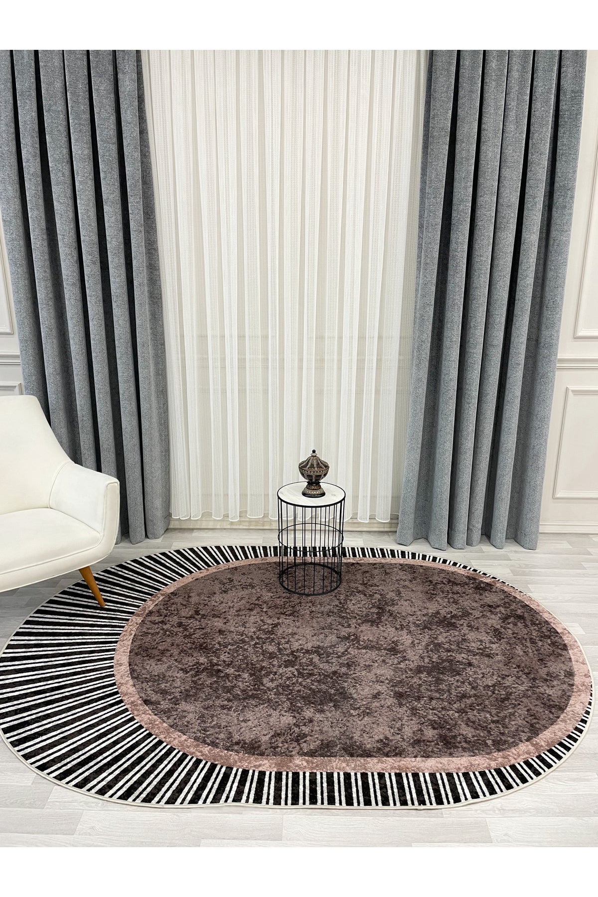 GREEN Striped Oval Non-Slip Base Rug