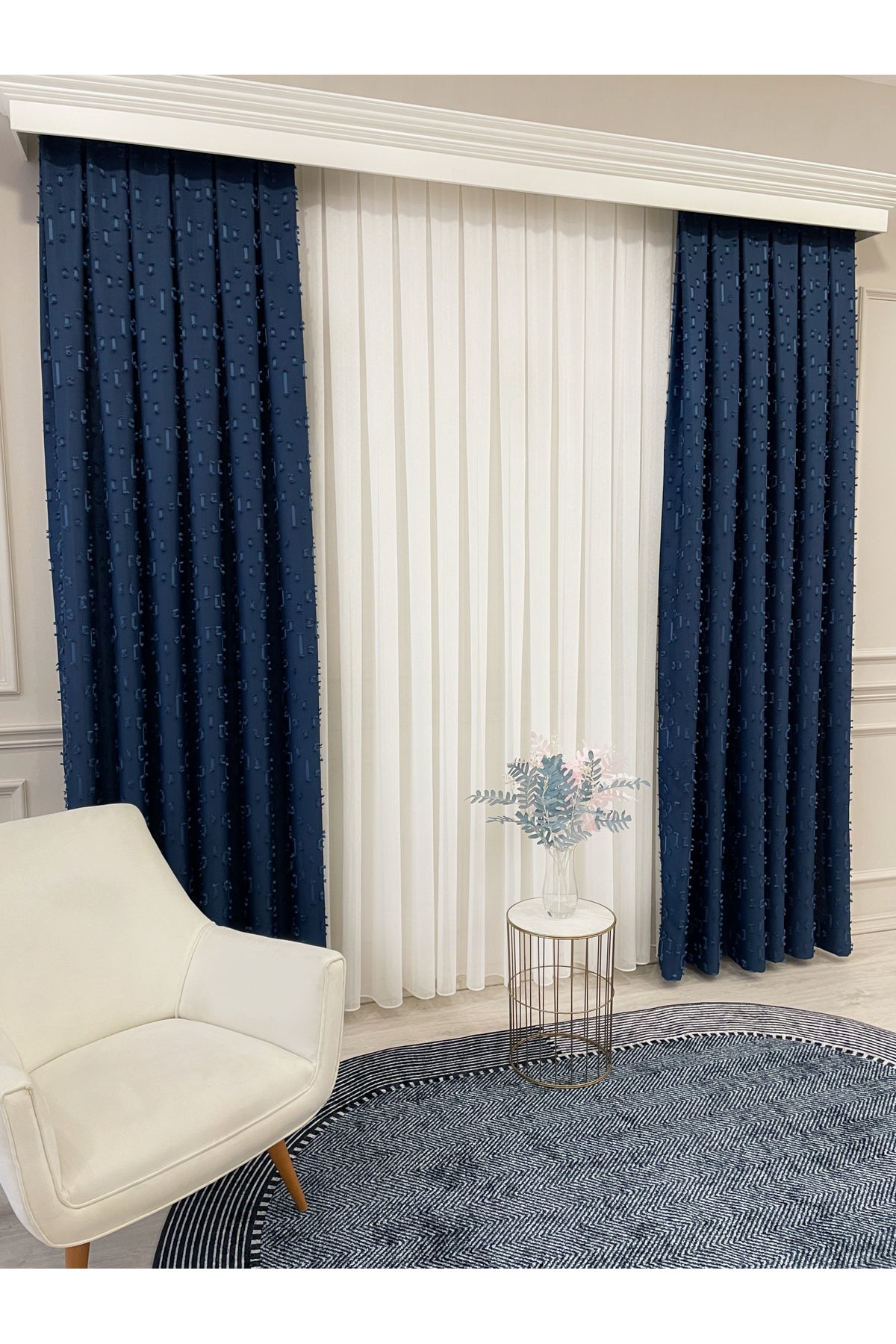 Indigo Blue Pompom Puffy Blackout Curtain 1/3 Dense Pleat