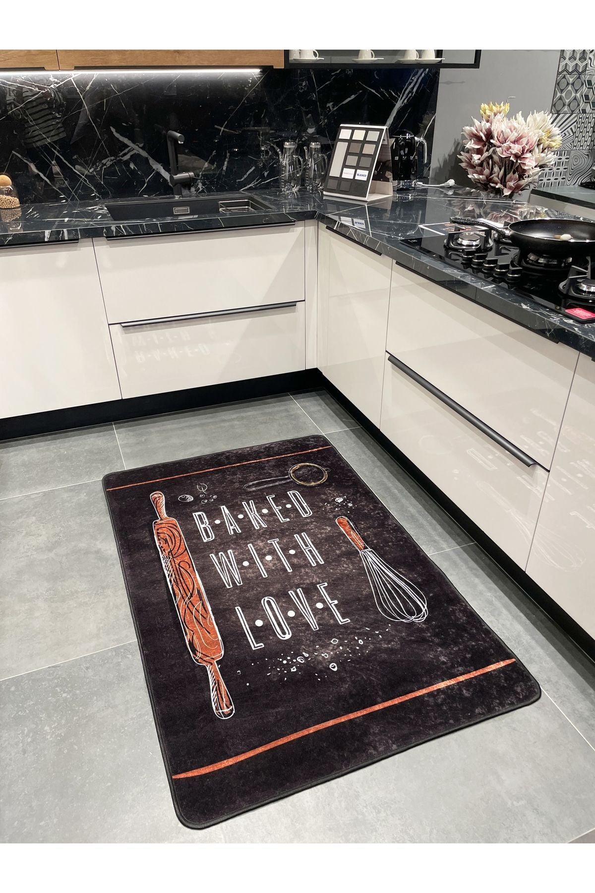 Baked With Love Slogan Kitchen Rug - BLACK