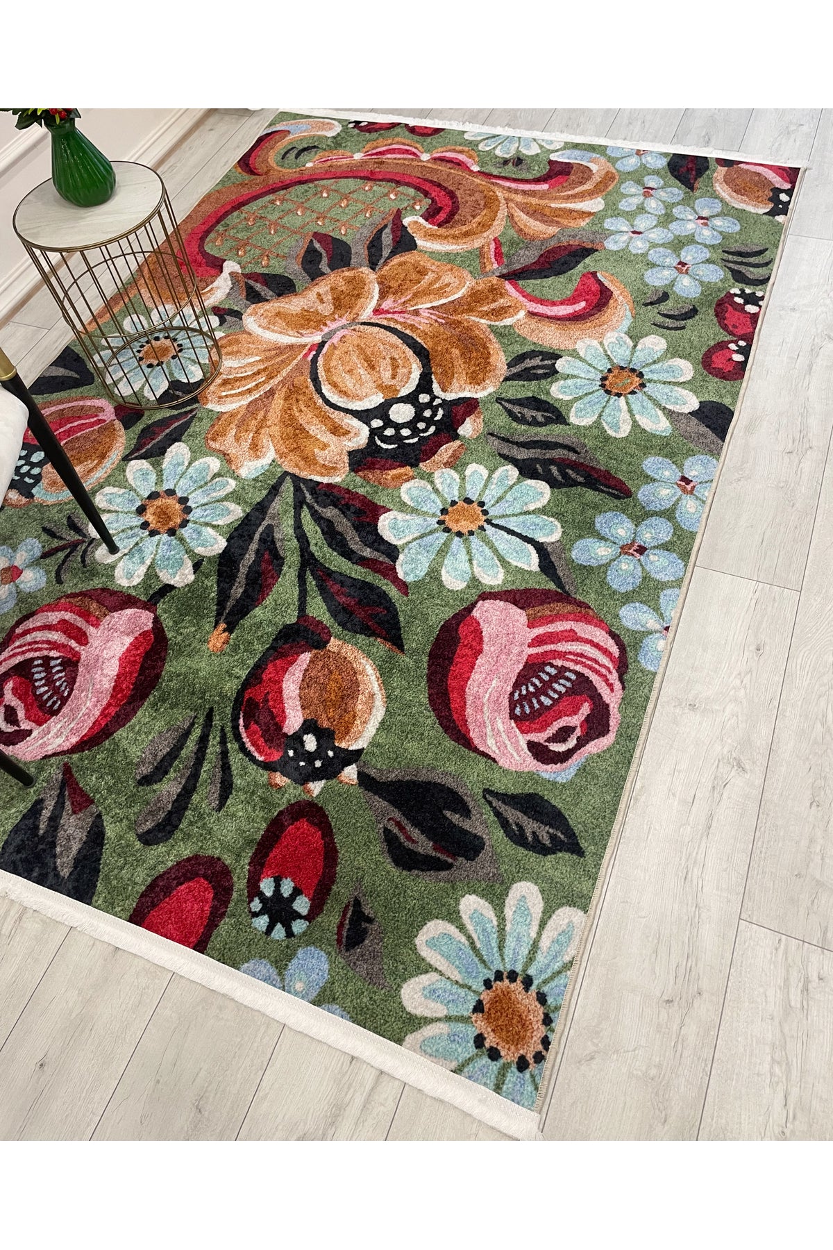 Green Floral Pattern Latex Base Rug