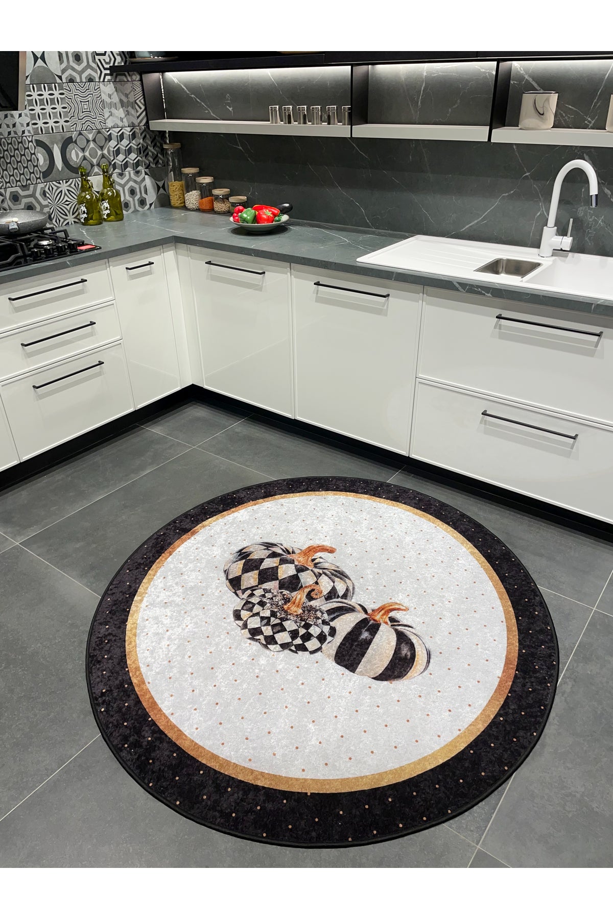 Checkered Pumpkin Patterned Latex Leather Base Kitchen Rug