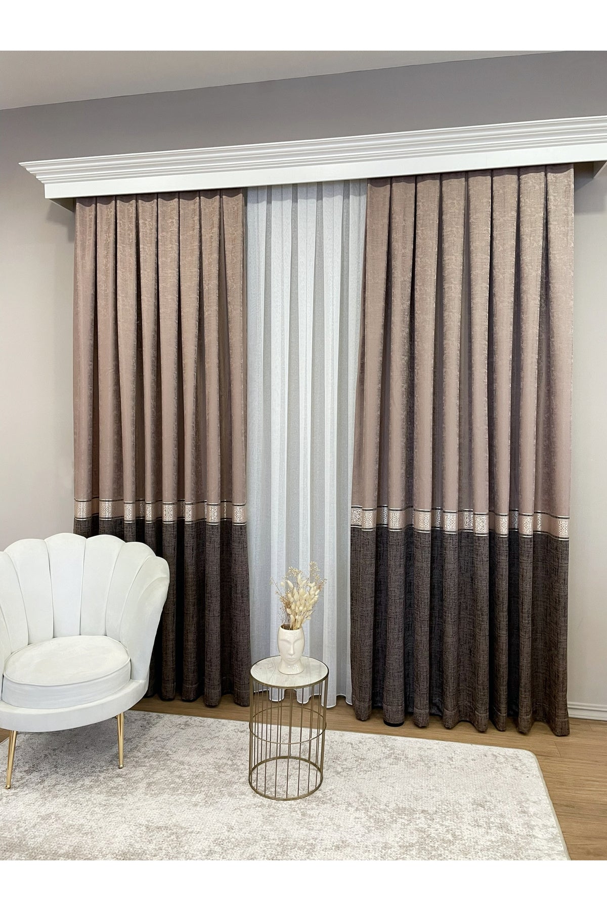 Brown 1/3 Dense Pleated Bordered Pattern Soft-Textured Jacquard Blackout Curtain