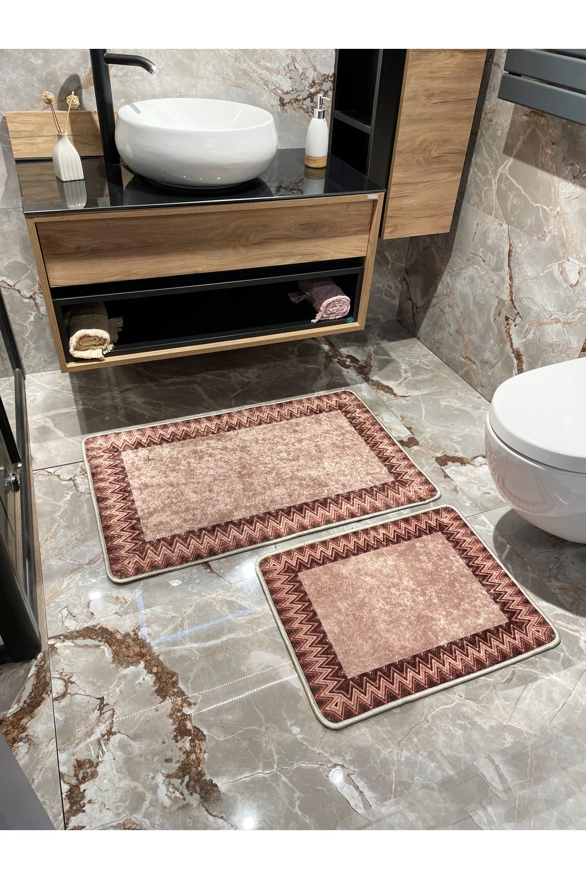 Mint Green - Zigzag Patterned Leather Base 2-Piece Bath Mat Set (60x100 - 60x50)