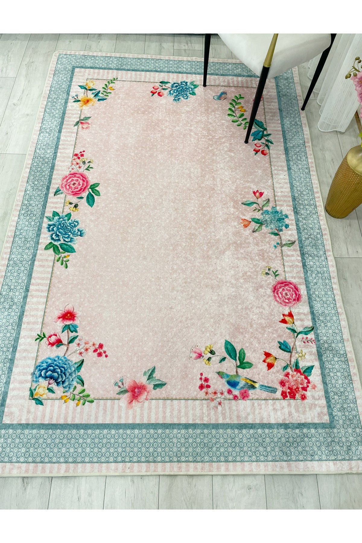 Blue Ground Rose Pattern Non-Slip Rug