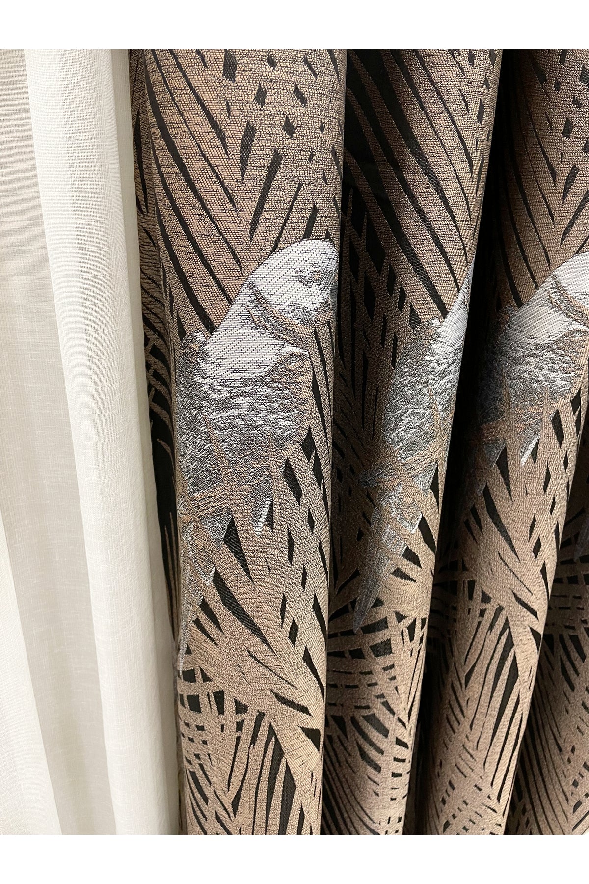 Brown-Navy Blue Bird Patterned 1/3 Dense Pleated Blackout Curtain