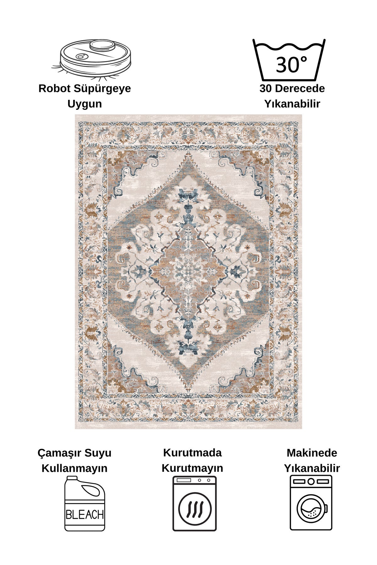Gokbekli Damask Pattern Latex Base Living Room Rug
