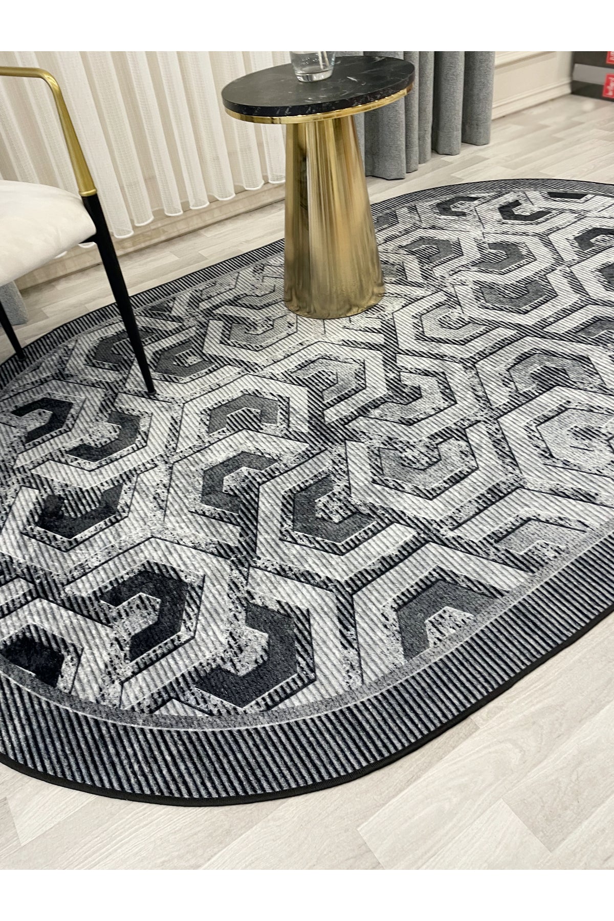 Gray Embossed-Look OVAL Latex Leather Base Rug